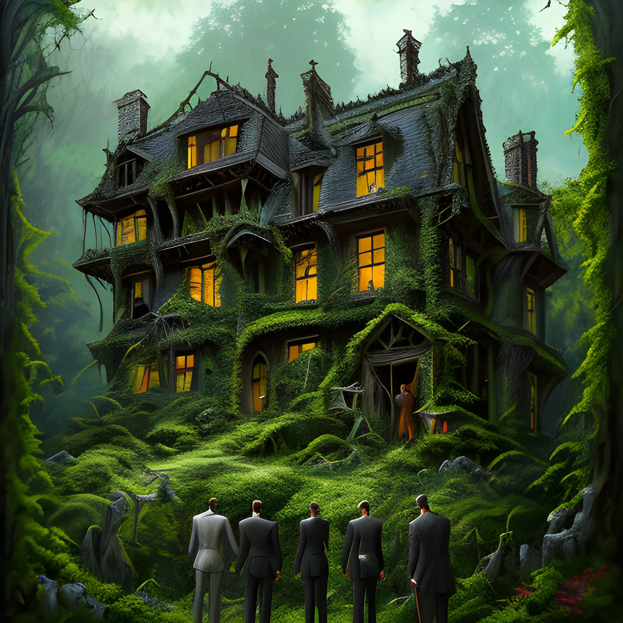 Description: Picture four children (two boys and two girls) standing at the edge of a dense forest. They should look intrigued and maybe a bit cautious as they observe an old, eerie house that seems to have appeared among the trees. The house should look dilapidated, with broken windows and ivy creeping up its walls., , 3D, Oil Painting