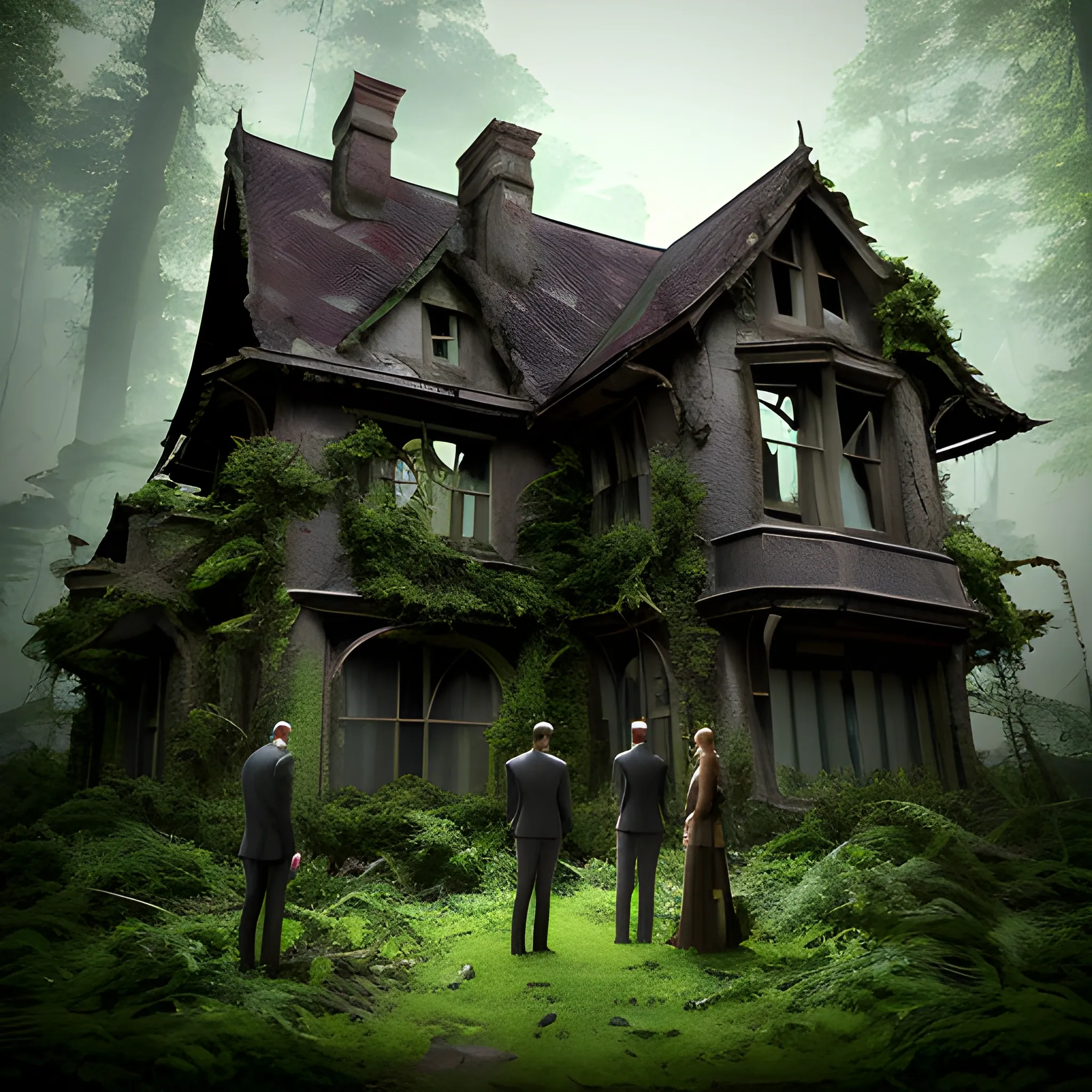 Description: Picture four children (two boys and two girls) standing at the edge of a dense forest. They should look intrigued and maybe a bit cautious as they observe an old, eerie house that seems to have appeared among the trees. The house should look dilapidated, with broken windows and ivy creeping up its walls., , 3D, Realistic, vibrant