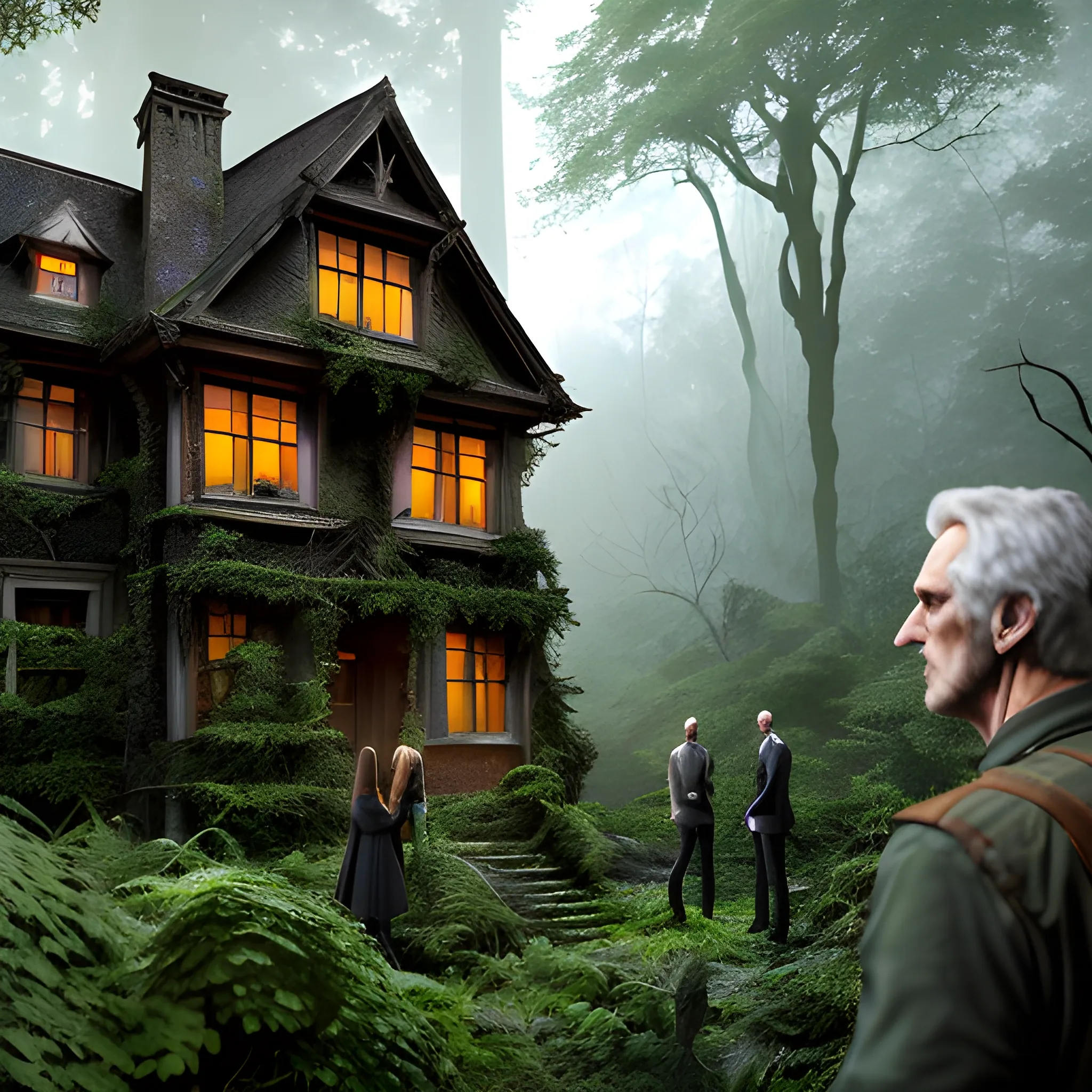 Description: Picture four children (two boys and two girls) standing at the edge of a dense forest. They should look intrigued and maybe a bit cautious as they observe an old, eerie house that seems to have appeared among the trees. The house should look dilapidated, with broken windows and ivy creeping up its walls., , Realistic , vibrant