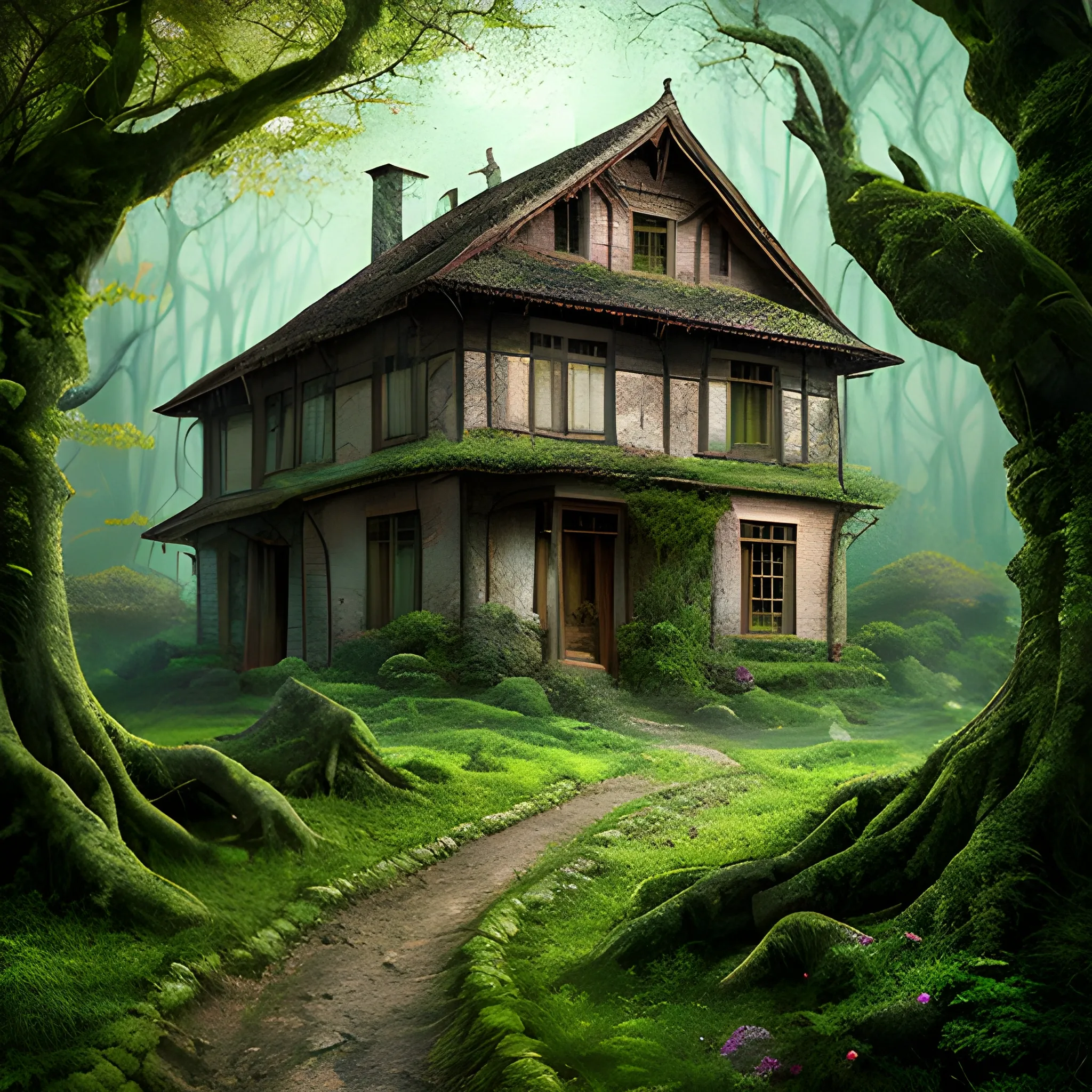 Image Elements: Dense forest, old house, four children (different ages and appearances), curious and cautious expressions. , Realistic , vibrant