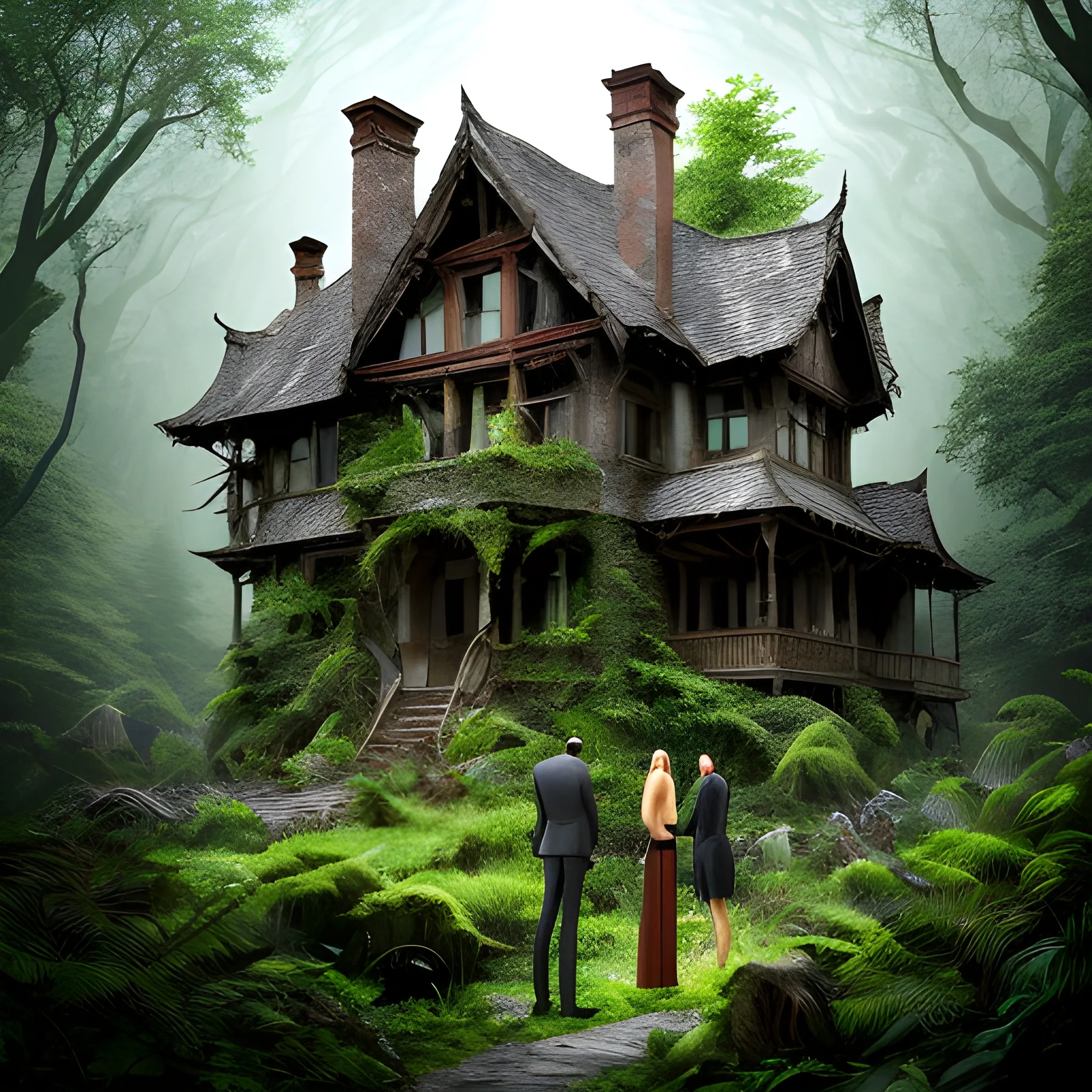 Description: Picture four children (two boys and two girls) standing at the edge of a dense forest. They should look intrigued and maybe a bit cautious as they observe an old, eerie house that seems to have appeared among the trees. The house should look dilapidated, with broken windows and ivy creeping up its walls.
Image Elements: Dense forest, old house, four children (different ages and appearances), curious and cautious expressions. , Realistic , vibrant
