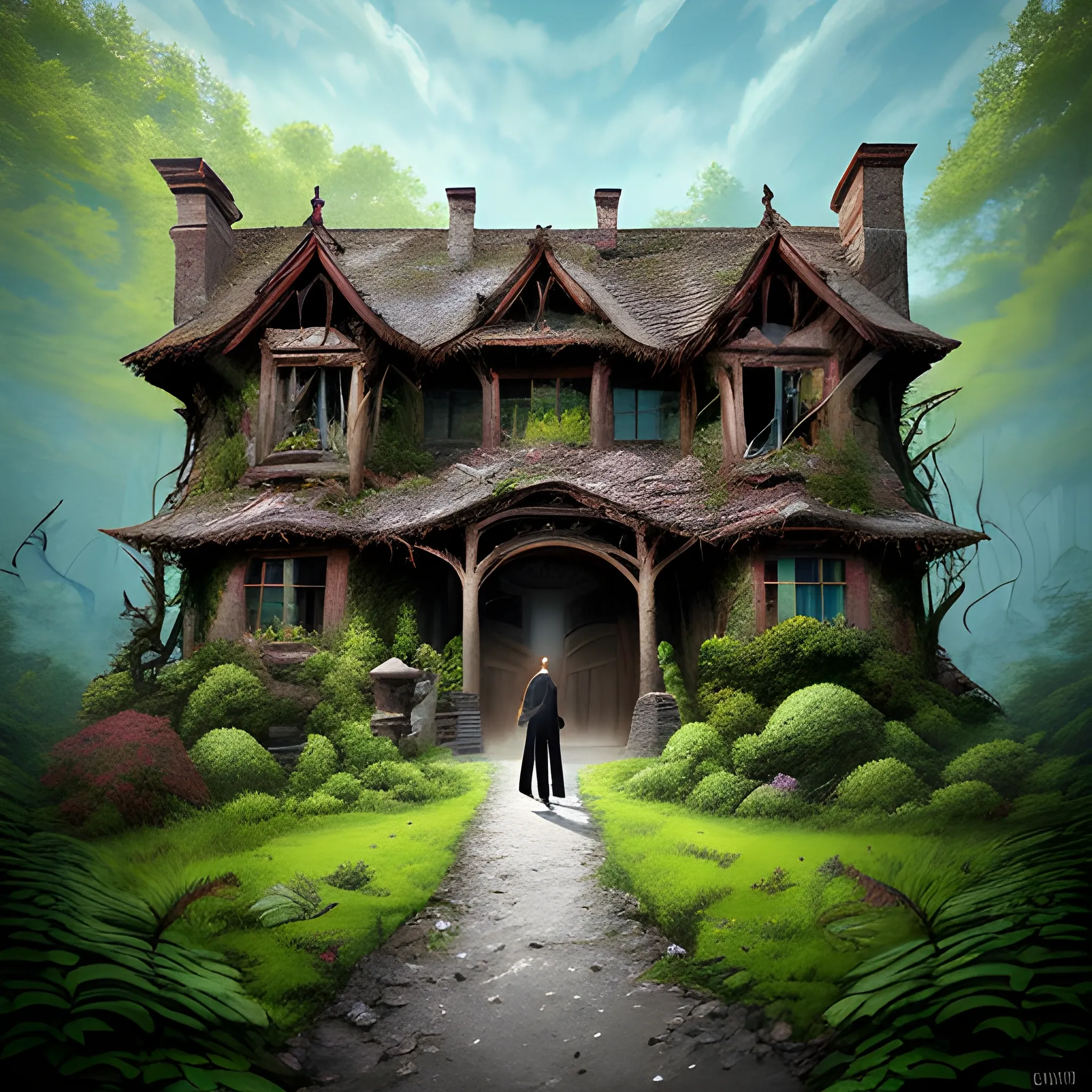 Description: Picture four children (two boys and two girls) standing at the edge of a dense forest. They should look intrigued and maybe a bit cautious as they observe an old, eerie house that seems to have appeared among the trees. The house should look dilapidated, with broken windows and ivy creeping up its walls.
Image Elements: Dense forest, old house, four children (different ages and appearances), curious and cautious expressions. , Realistic , vibrant, Cartoon