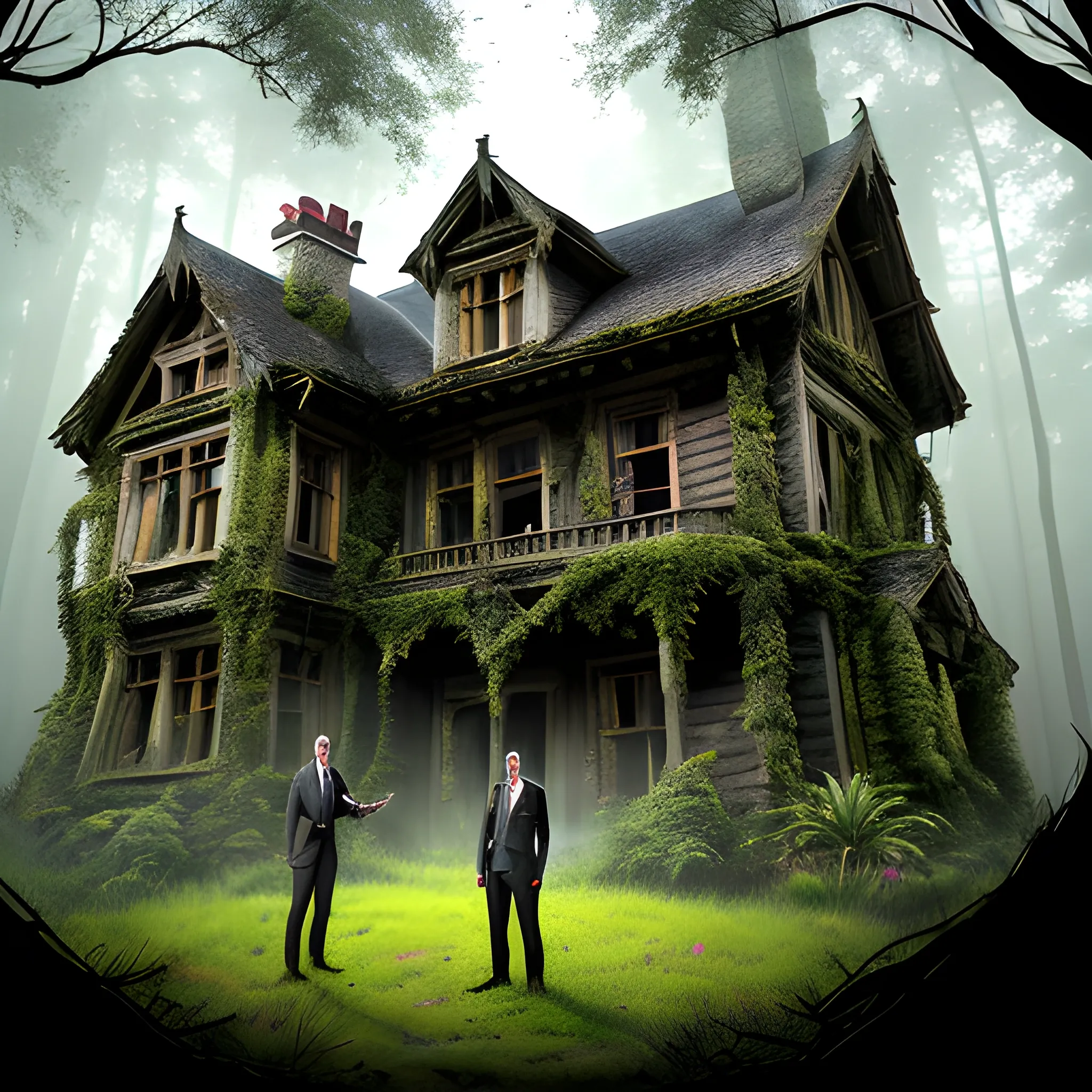 Description: Four children (two boys and two girls) standing at the edge of a dense forest, looking curiously and cautiously at an old, eerie house that appears between the trees.
Style:

    Realistic: Detailed depiction of the trees, house, and children with realistic clothing and facial expressions.
    Cartoon: Bright colors, simplified details, exaggerated facial expressions.
    Fantasy: Foggy colors, trees that seem to move, the house appearing as if it's alive.
