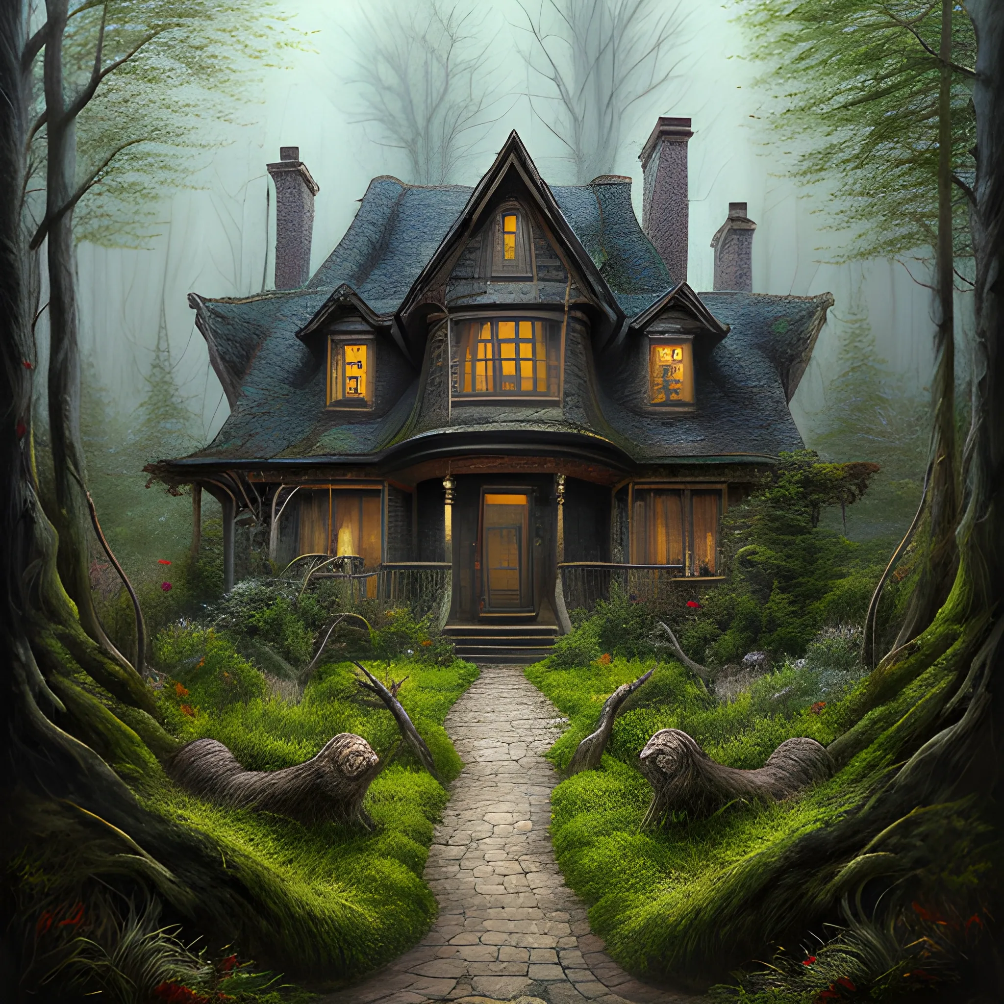 Description: Four children (two boys and two girls) standing at the edge of a dense forest, looking curiously and cautiously at an old, eerie house that appears between the trees.
Style:

    Realistic: Detailed depiction of the trees, house, and children with realistic clothing and facial expressions.
    Cartoon: Bright colors, simplified details, exaggerated facial expressions.
    Fantasy: Foggy colors, trees that seem to move, the house appearing as if it's alive.
, Oil Painting