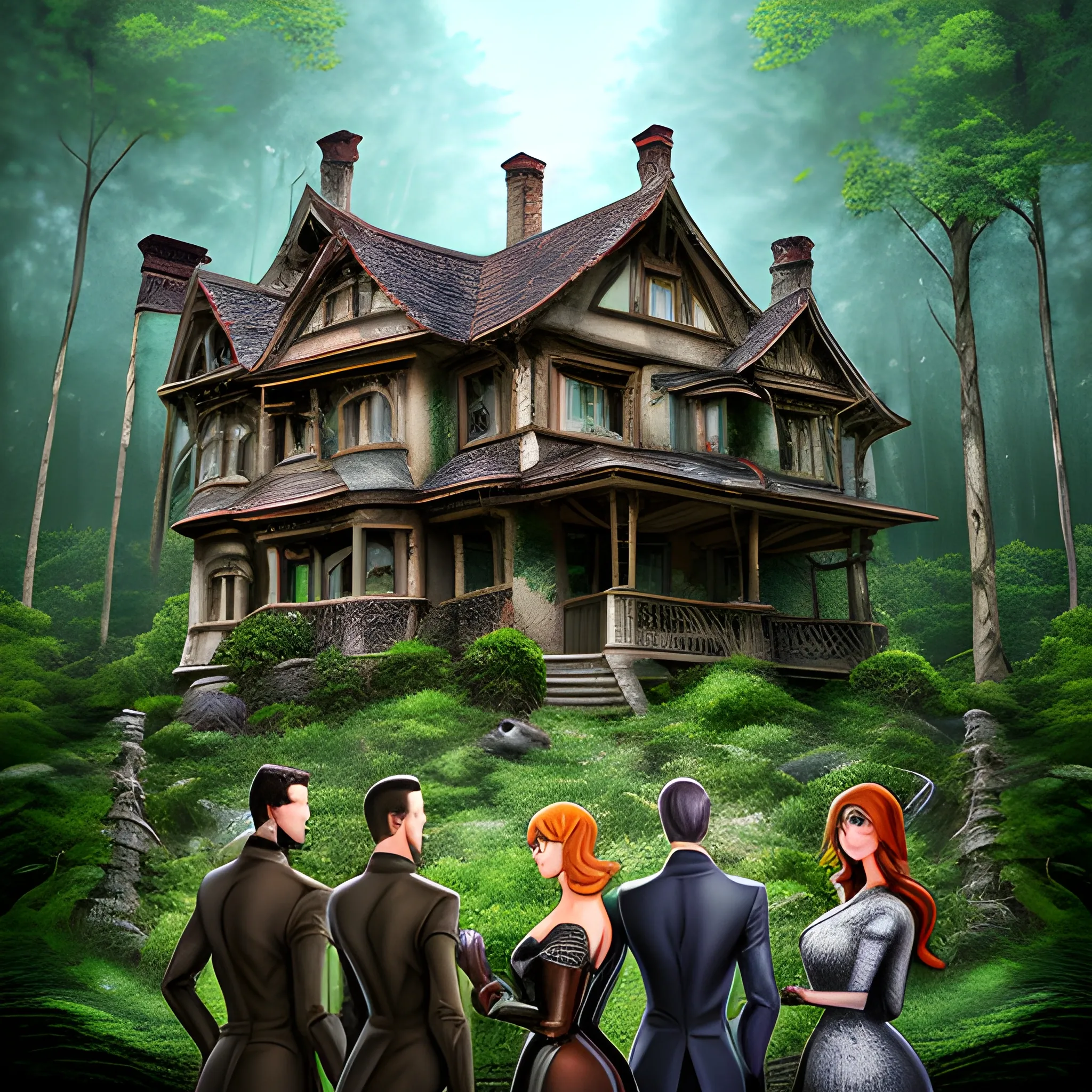 Four children (two boys and two girls) standing at the edge of a dense forest, looking with curiosity and wariness at an old and scary house that appeared between the trees. Fine details of the trees, the house, and the children with realistic clothes and clear facial expressions. Bright colors, simplified details, exaggerated facial expressions. Blurry colors, trees that appear As if animated, the house seems to come to life. Cartoon, fantasy, realistic













