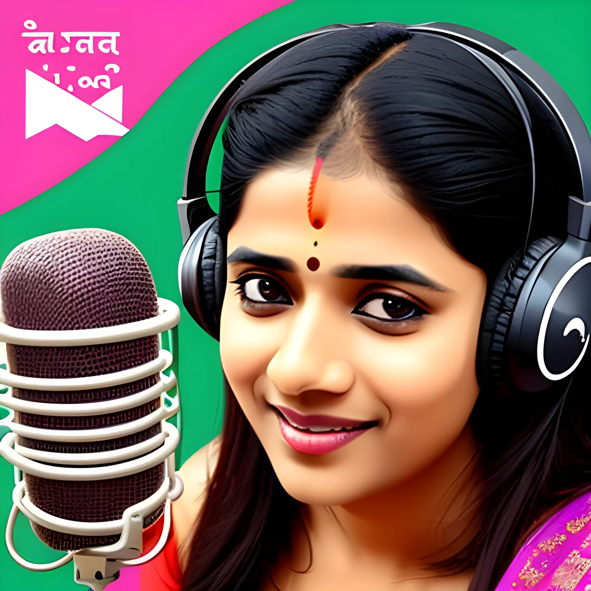 Generate an image of podcast using regional languages for Indians. Show some beautiful Women of India doing podcast