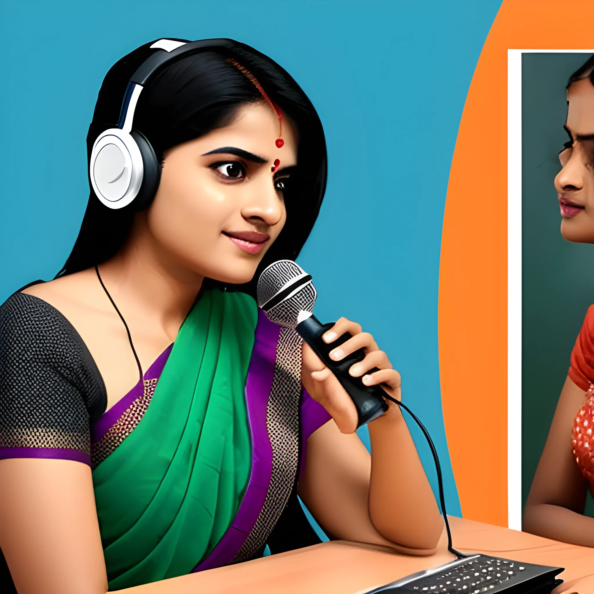 Generate an image of podcast using regional languages for Indians. Show some beautiful Women of India doing podcast