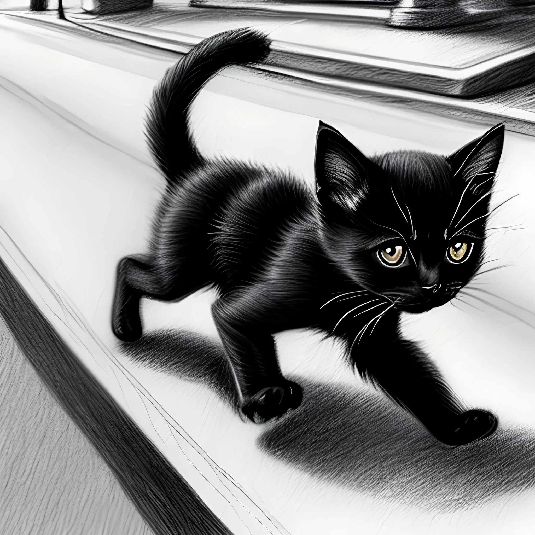 black kitten running through the street, Pencil Sketch