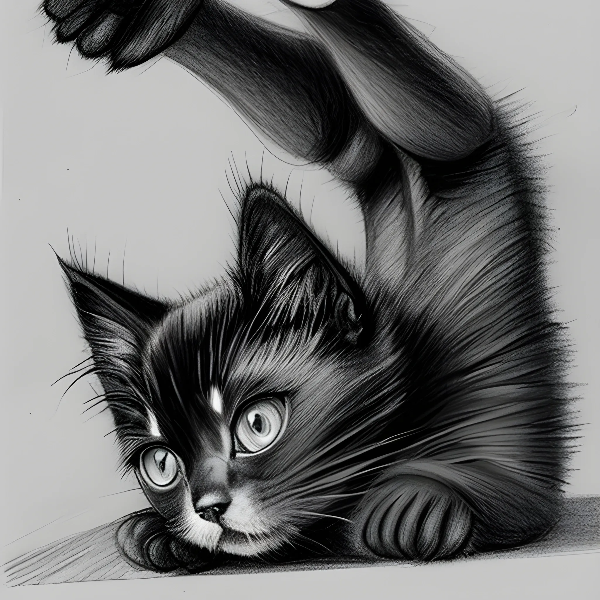  black kitten lying upside down, Pencil Sketch