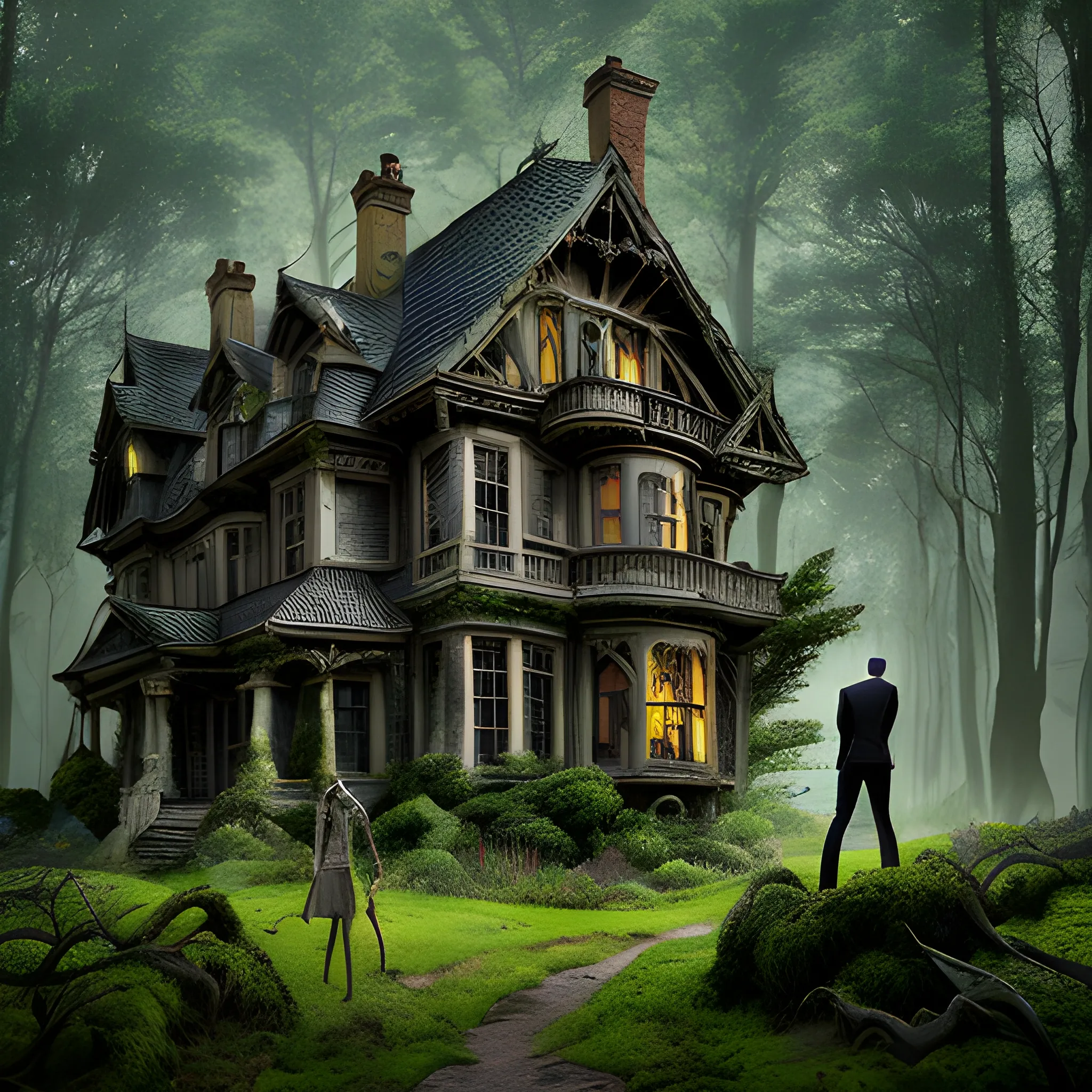 Description: Four children (two boys and two girls) standing at the edge of a dense forest, looking curiously and cautiously at an old, eerie house that appears between the trees.

Style:

    Realistic: Detailed depiction of the trees, house, and children with realistic clothing and facial expressions.
    Cartoon: Bright colors, simplified details, exaggerated facial expressions.
    Fantasy: Foggy colors, trees that seem to move, the house appearing as if it's alive.


