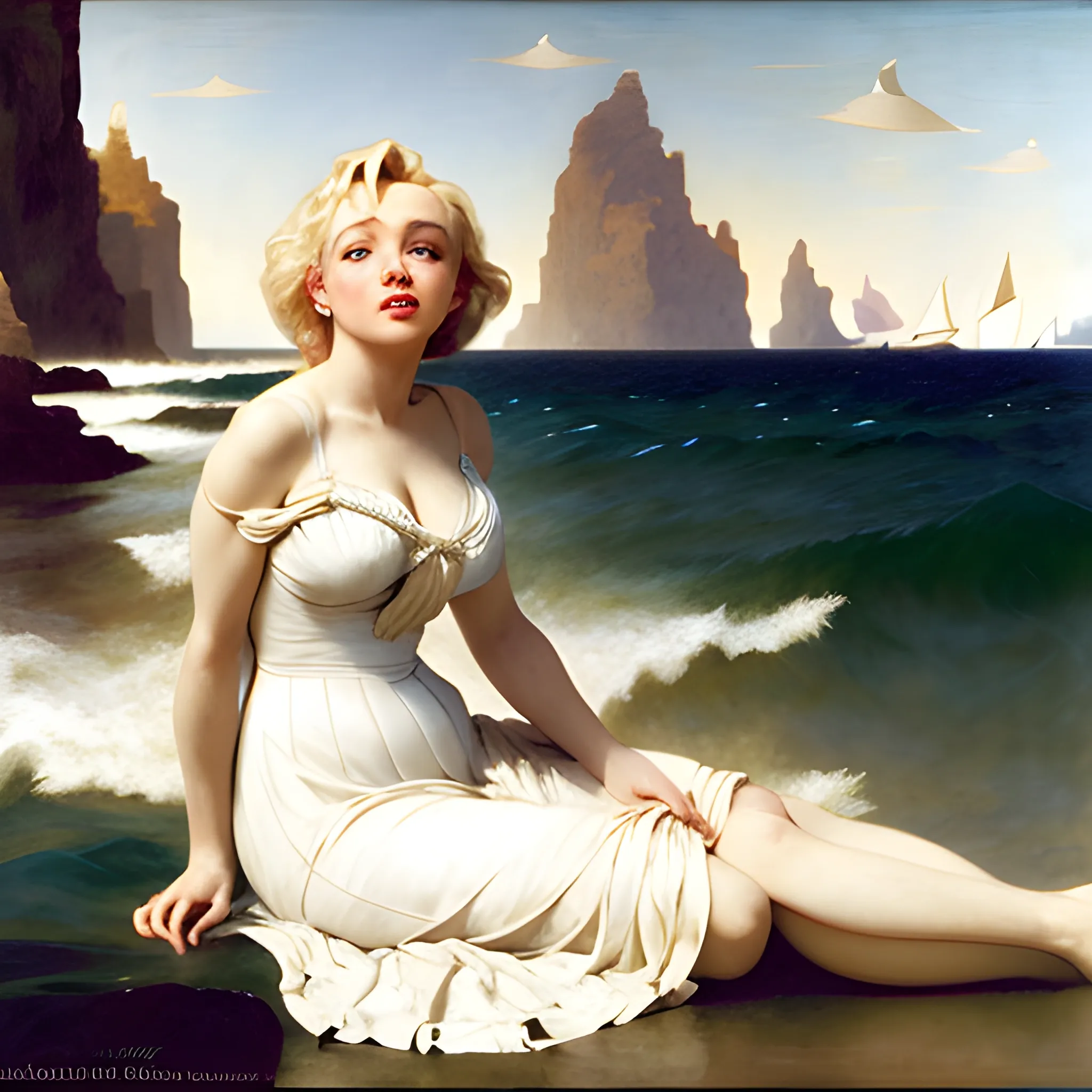 MARILYN mONROE en el fondo del mar con vestido blanco y largo, cabello suelto y flotando con pinceladas sueltas sus senos, postura heroica, con la tecnica del pintor william adolphe bouguereau al oleo.