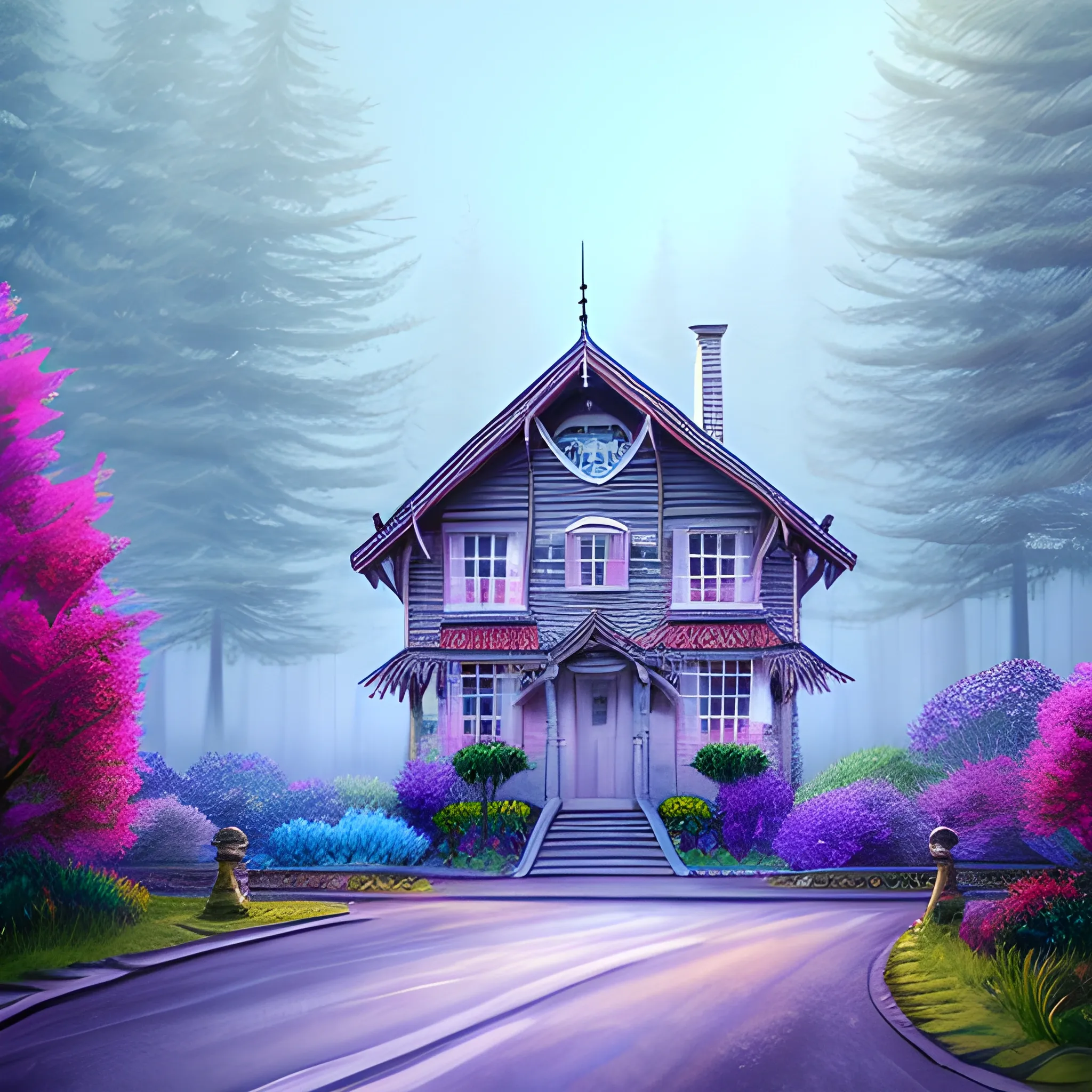 Realistic: Detailed depiction of the trees, house, and children with realistic clothing and facial expressions.
Cartoon: Bright colors, simplified details, exaggerated facial expressions.
Fantasy: Foggy colors, trees that seem to move, the house appearing as if it's alive.


