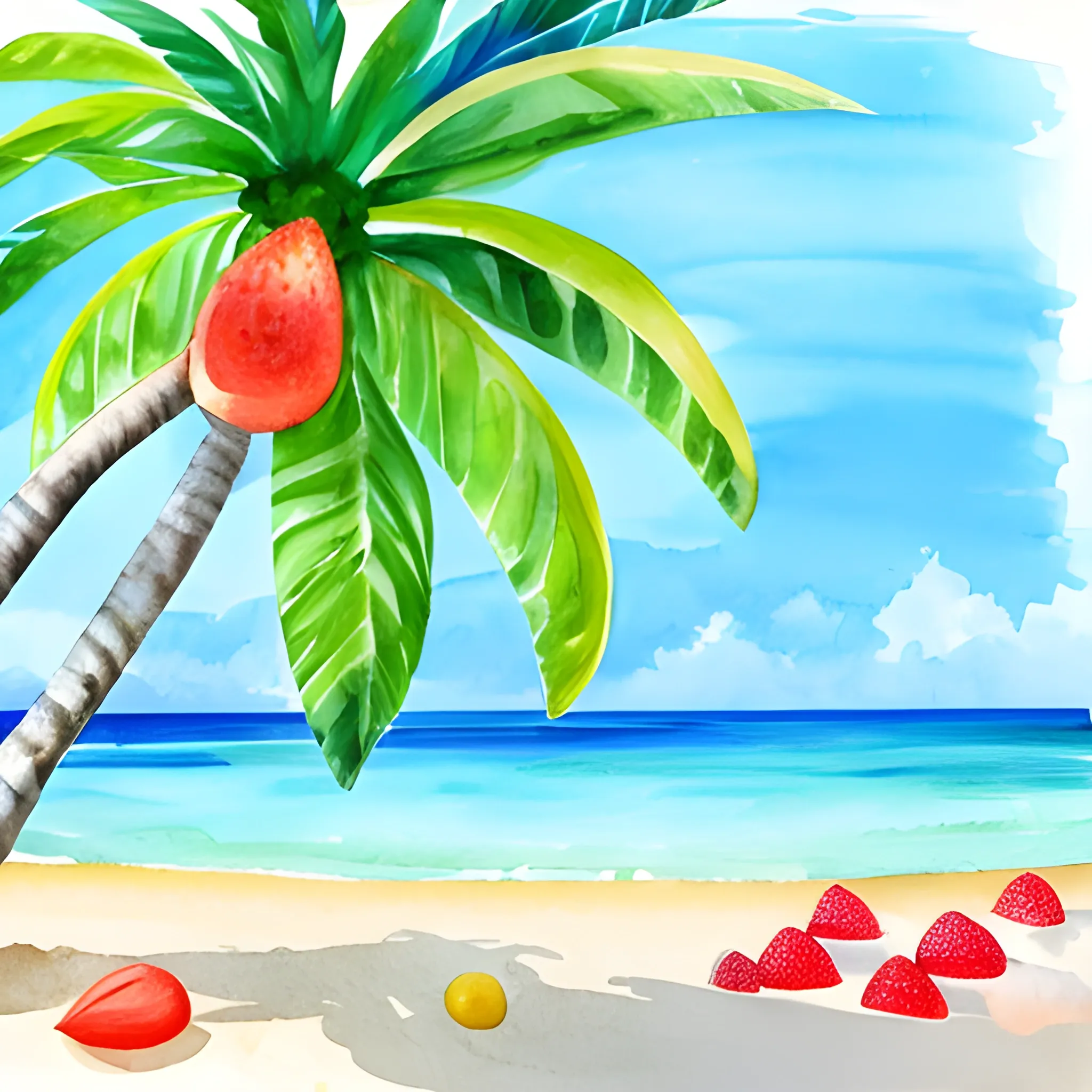 A lush tropical beach with a variety of fruits, Water Color