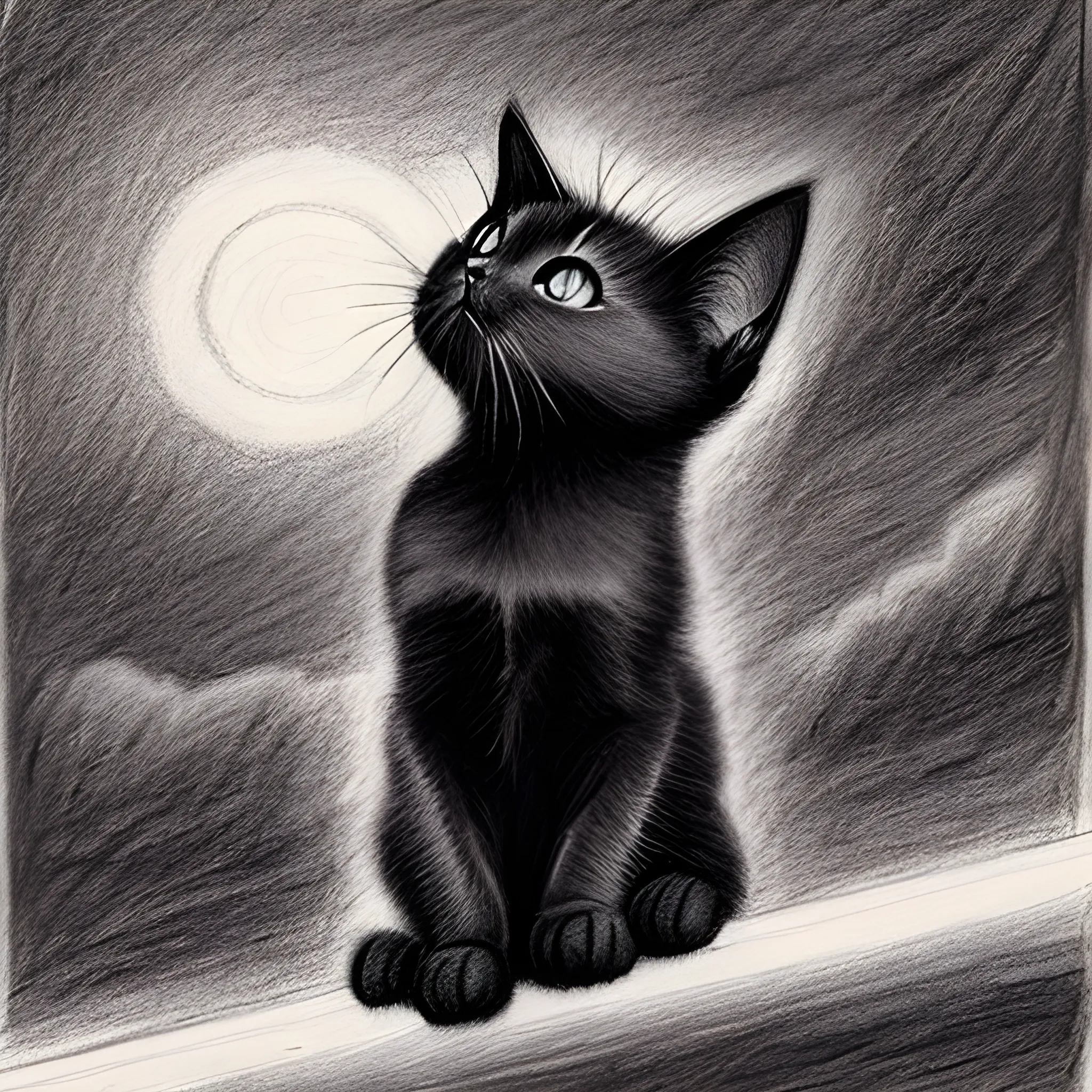 black kitten looking to night sky, Pencil Sketch