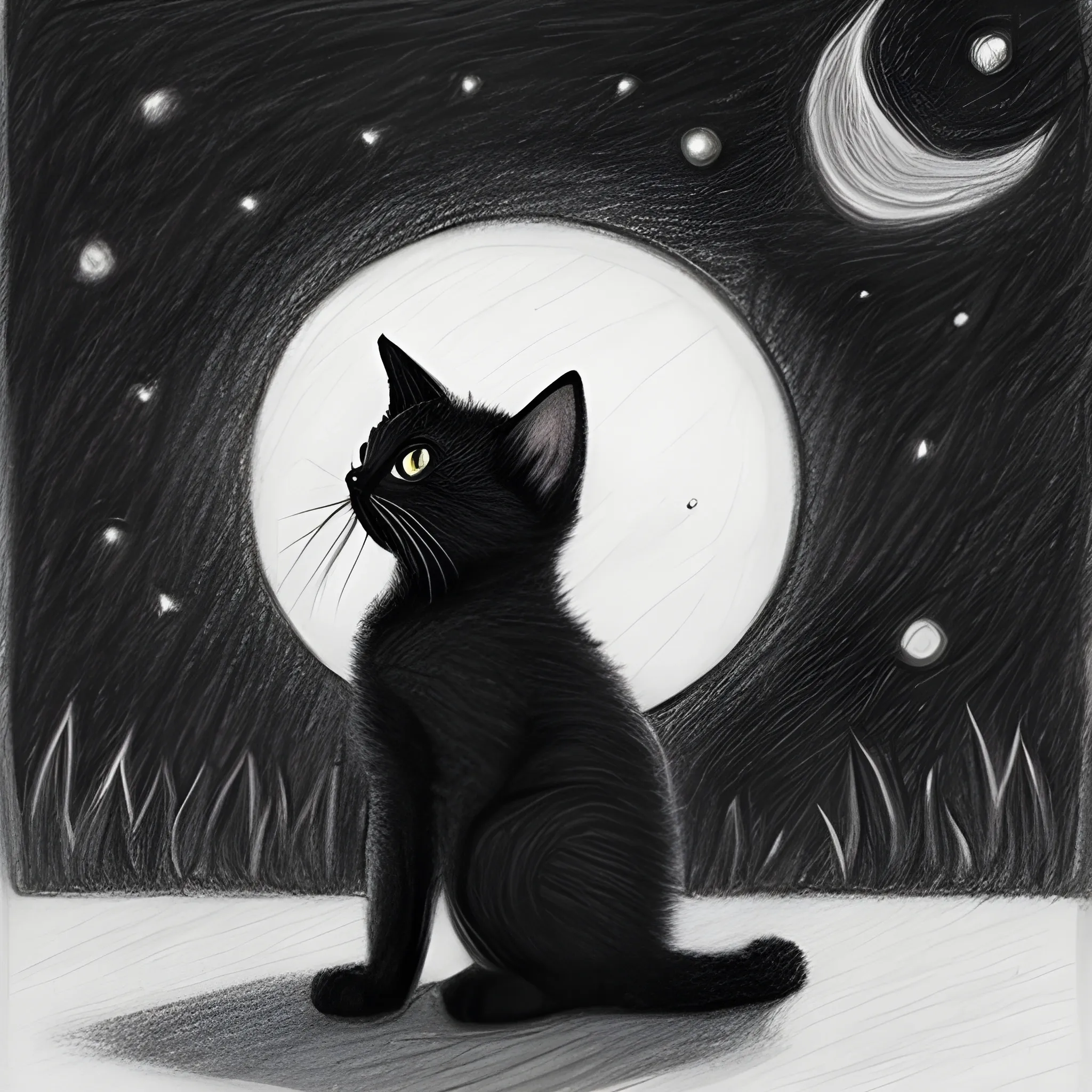 black kitten looking to night sky, Pencil Sketch