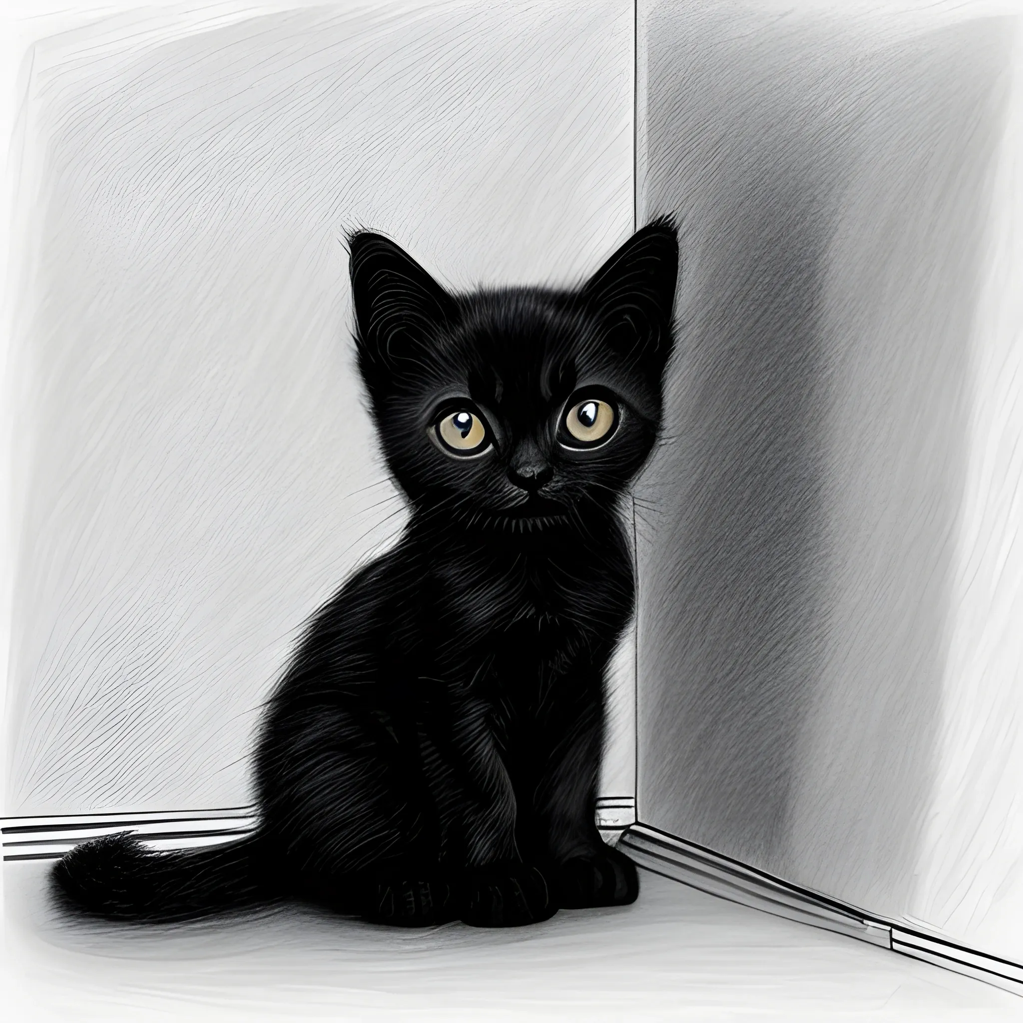 black kitten in the corner , Pencil Sketch