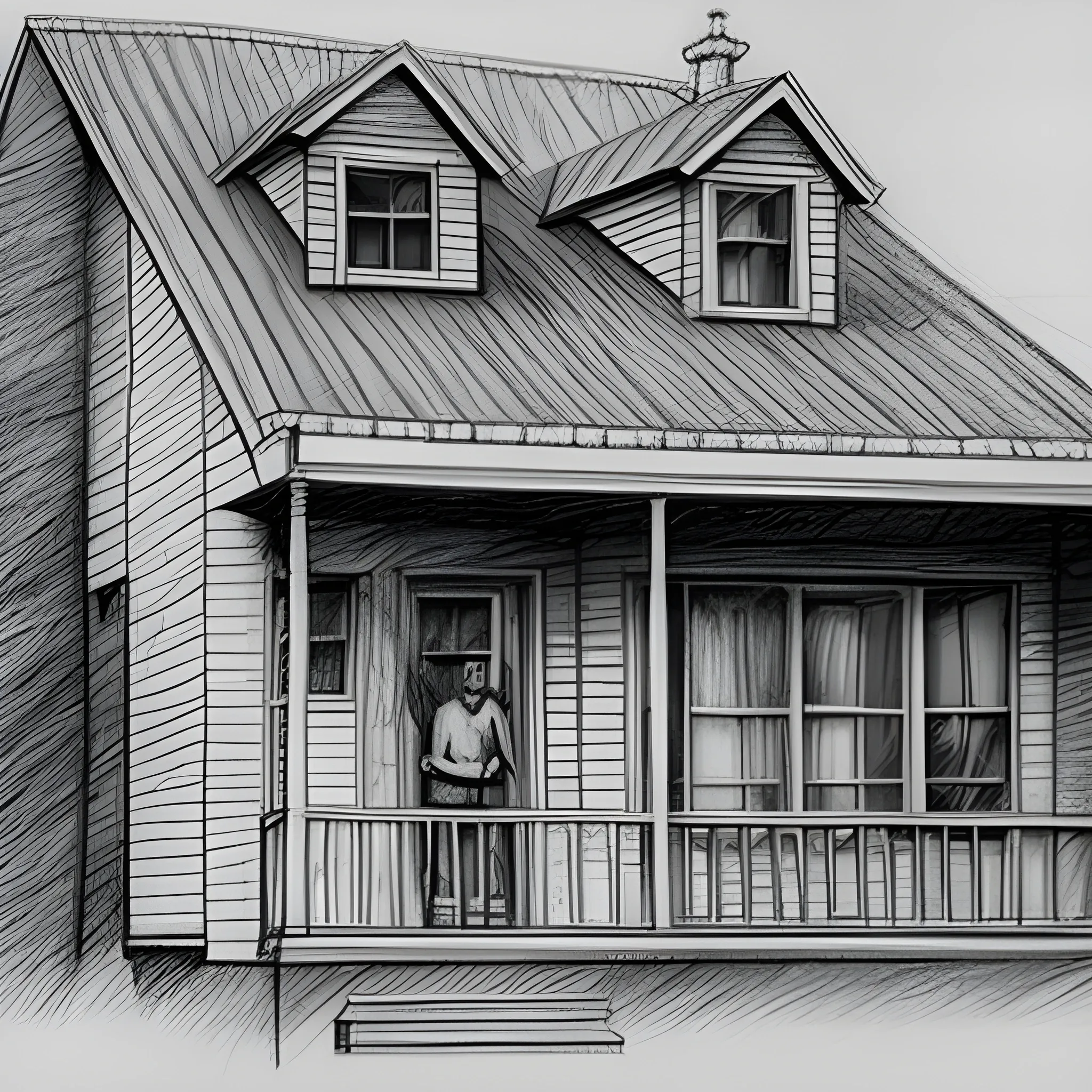 house with scared man in the window, Pencil Sketch