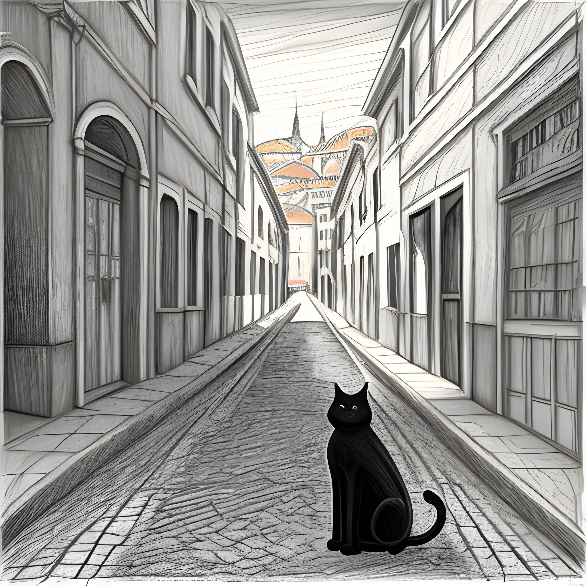 black cat on the old Lisbon street, Pencil Sketch