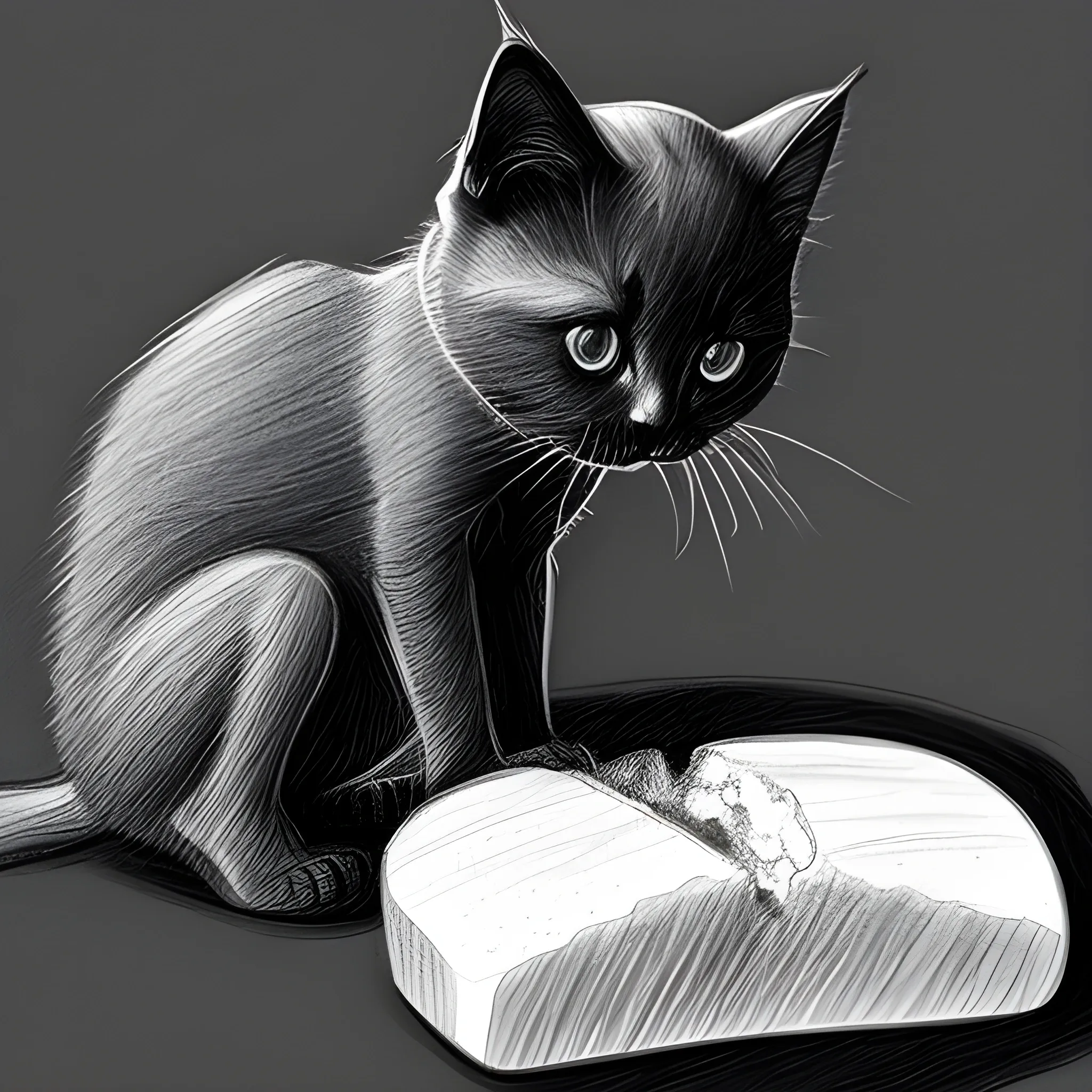 human hand with piece of bread in it, thin black kitten is eating this bread , Pencil Sketch