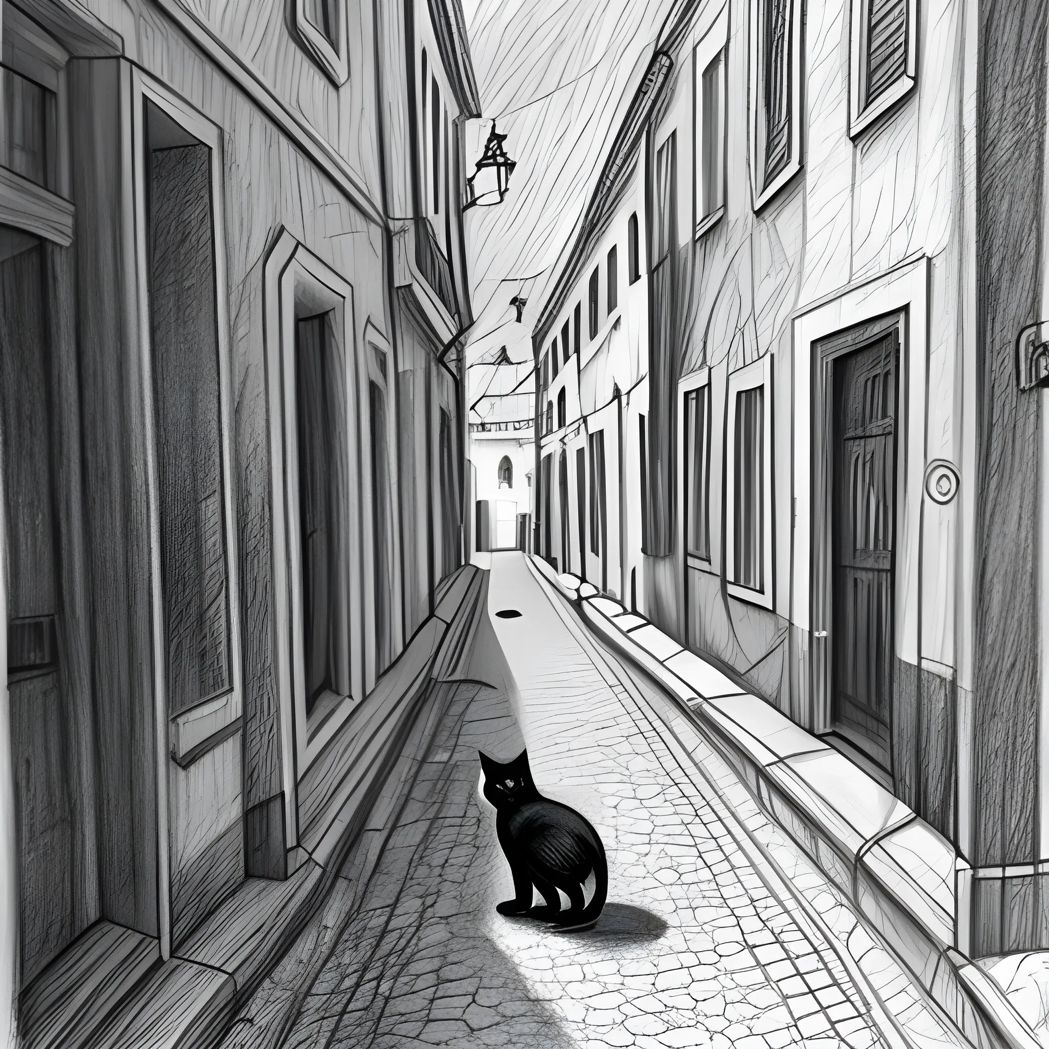 black cat on the old Lisbon street, Pencil Sketch