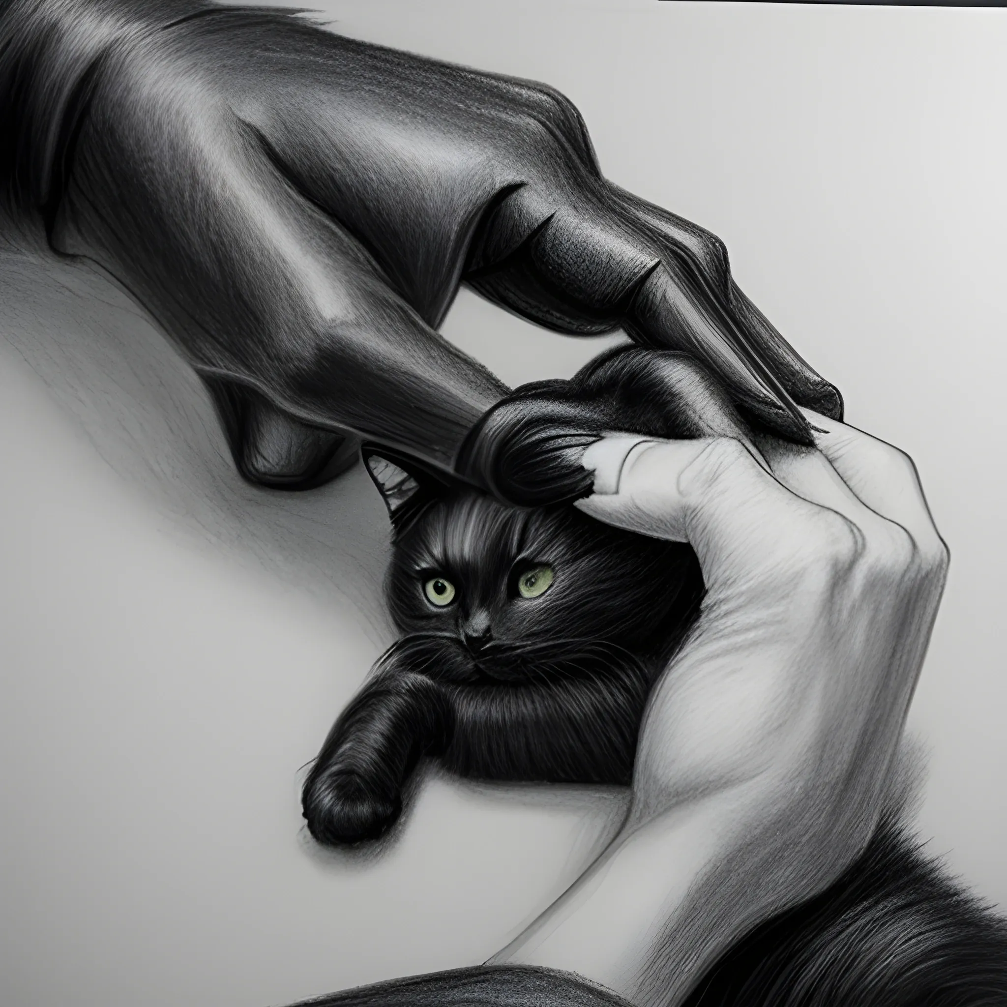 people touching black cat, Pencil Sketch