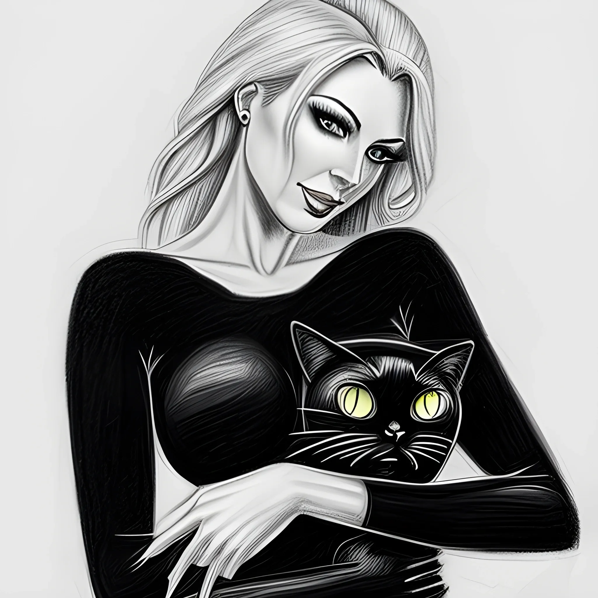 girl caressing black cat, Pencil Sketch