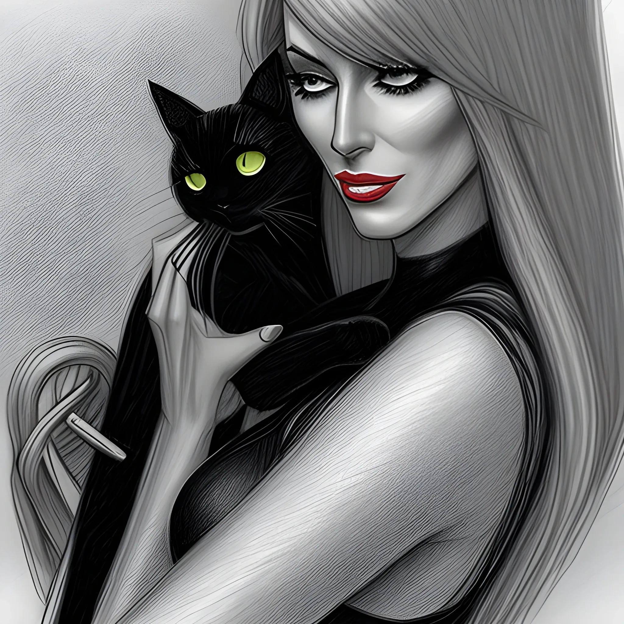 girl caressing black cat, Pencil Sketch