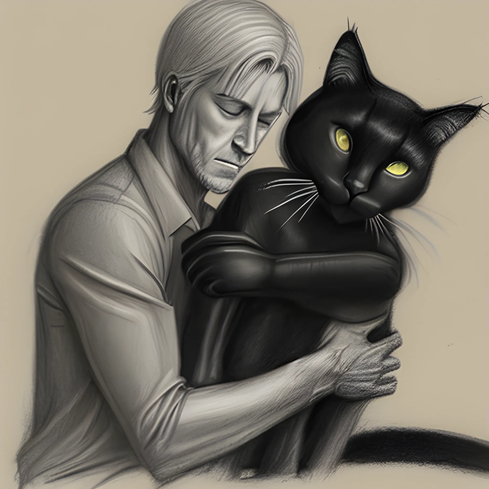 man caressing black cat, Pencil Sketch