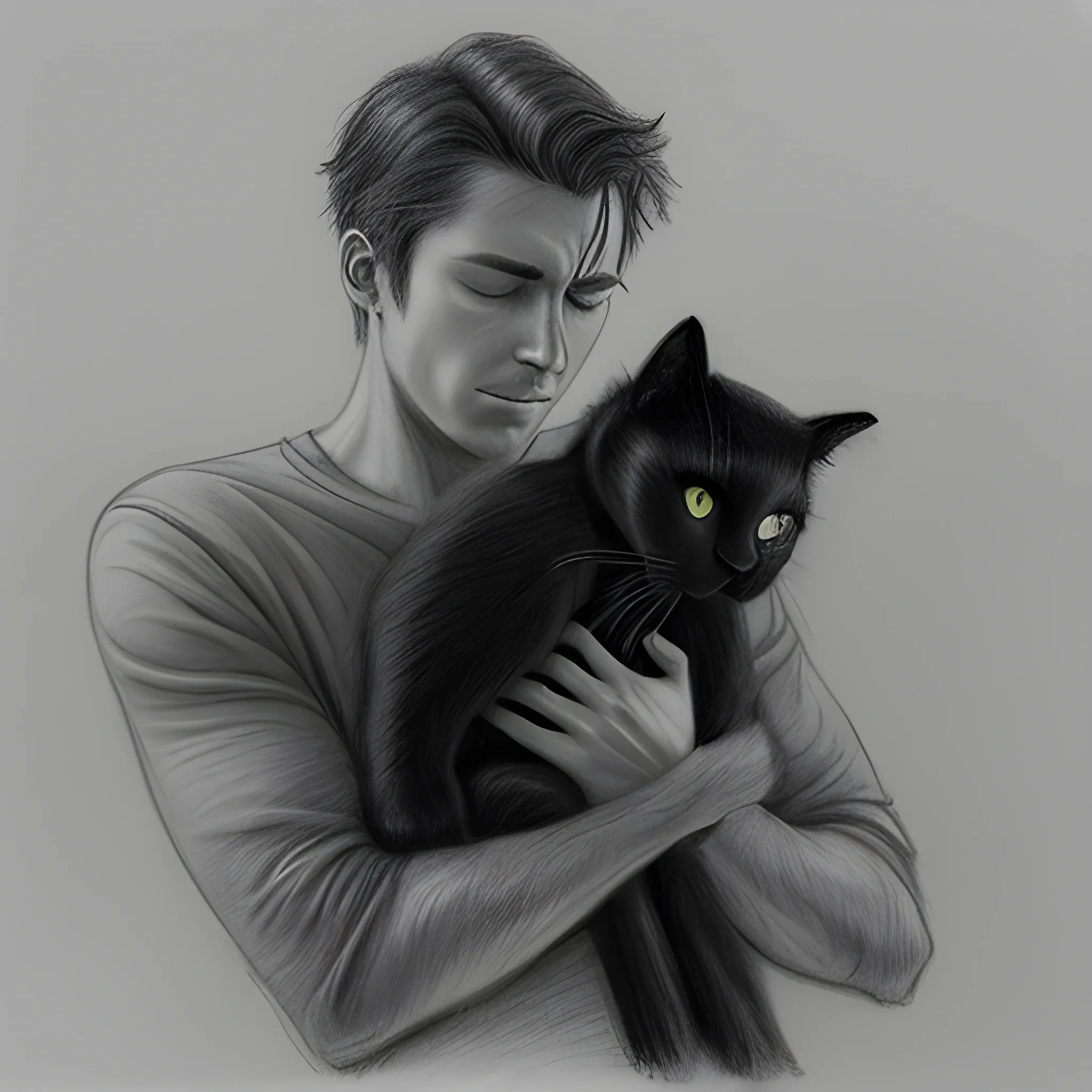 man caressing black cat, Pencil Sketch