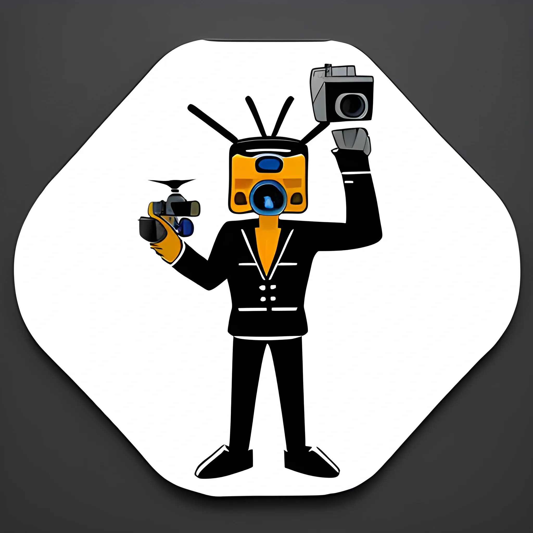 man in a mask with a weapon STANDING WITH DRONE REMOTE IN HANDS, TWO FPV DRONES FLYING OVERHEAD: STICKER V3,THE BACKGROUND IS WHITE, Cartoon