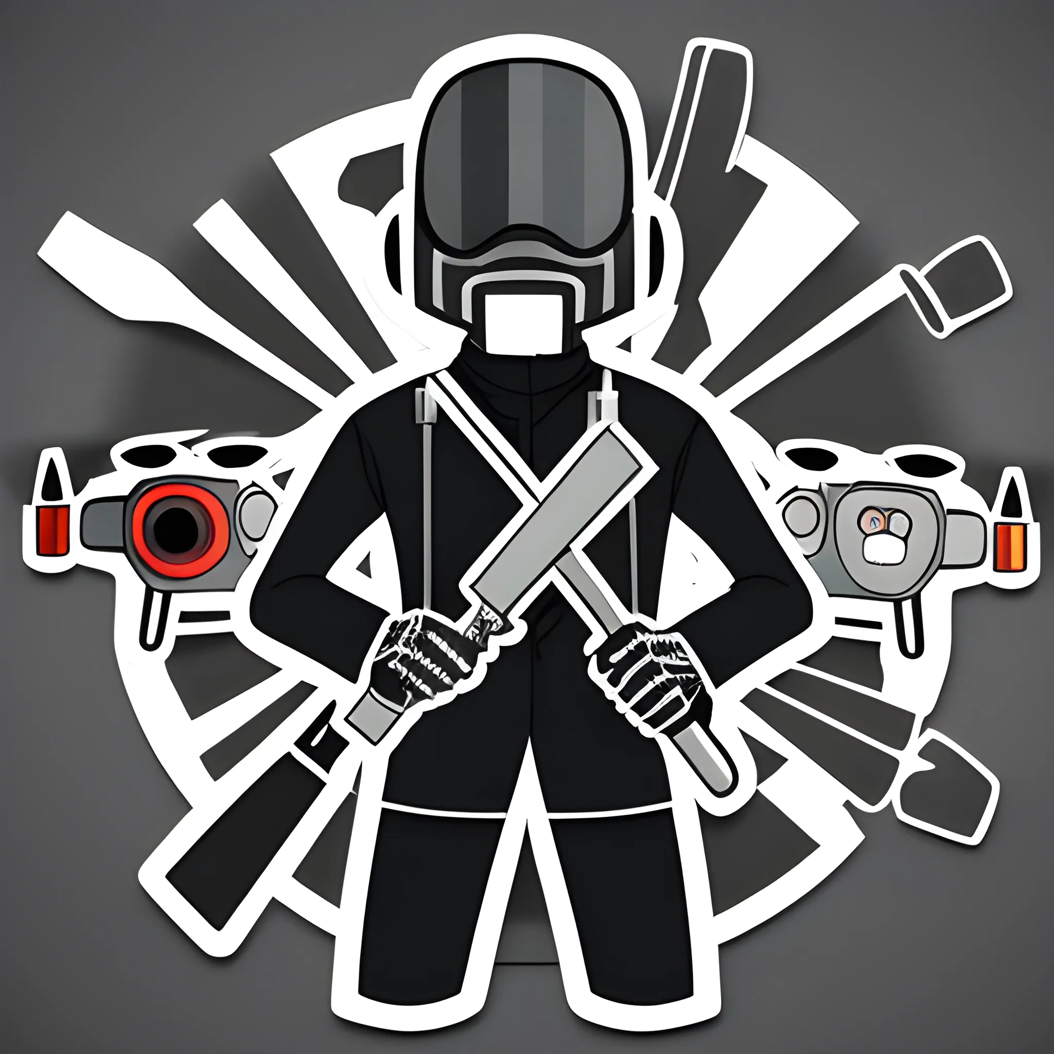 man in a mask with a weapon STANDING WITH DRONE REMOTE IN HANDS, TWO FPV DRONES FLYING OVERHEAD: STICKER V3,THE BACKGROUND IS WHITE, Cartoon, Trippy