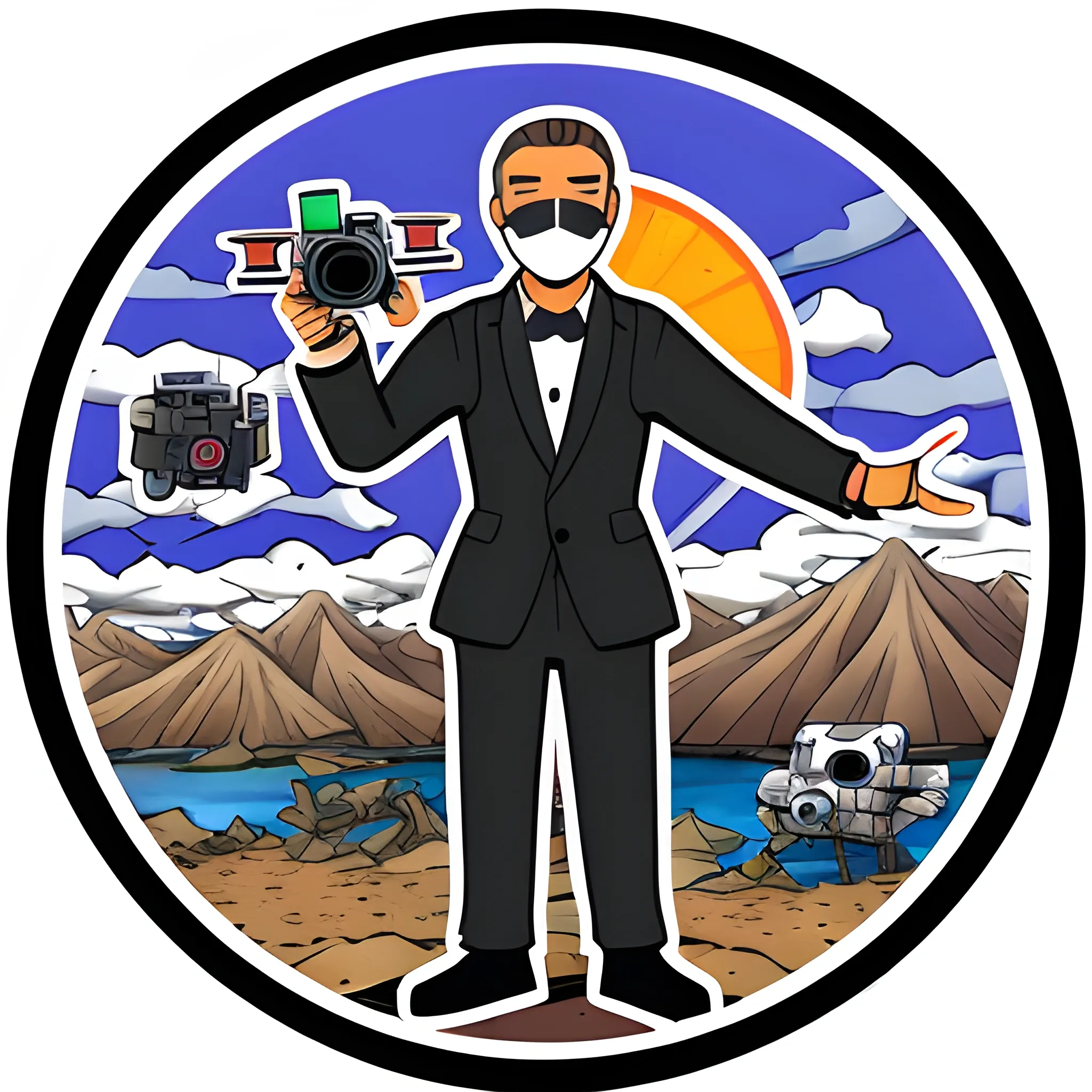 man in a mask with a weapon STANDING WITH DRONE REMOTE IN HANDS, TWO FPV DRONES FLYING OVERHEAD: STICKER V3,THE BACKGROUND IS WHITE, Cartoon, Trippy, Water Color