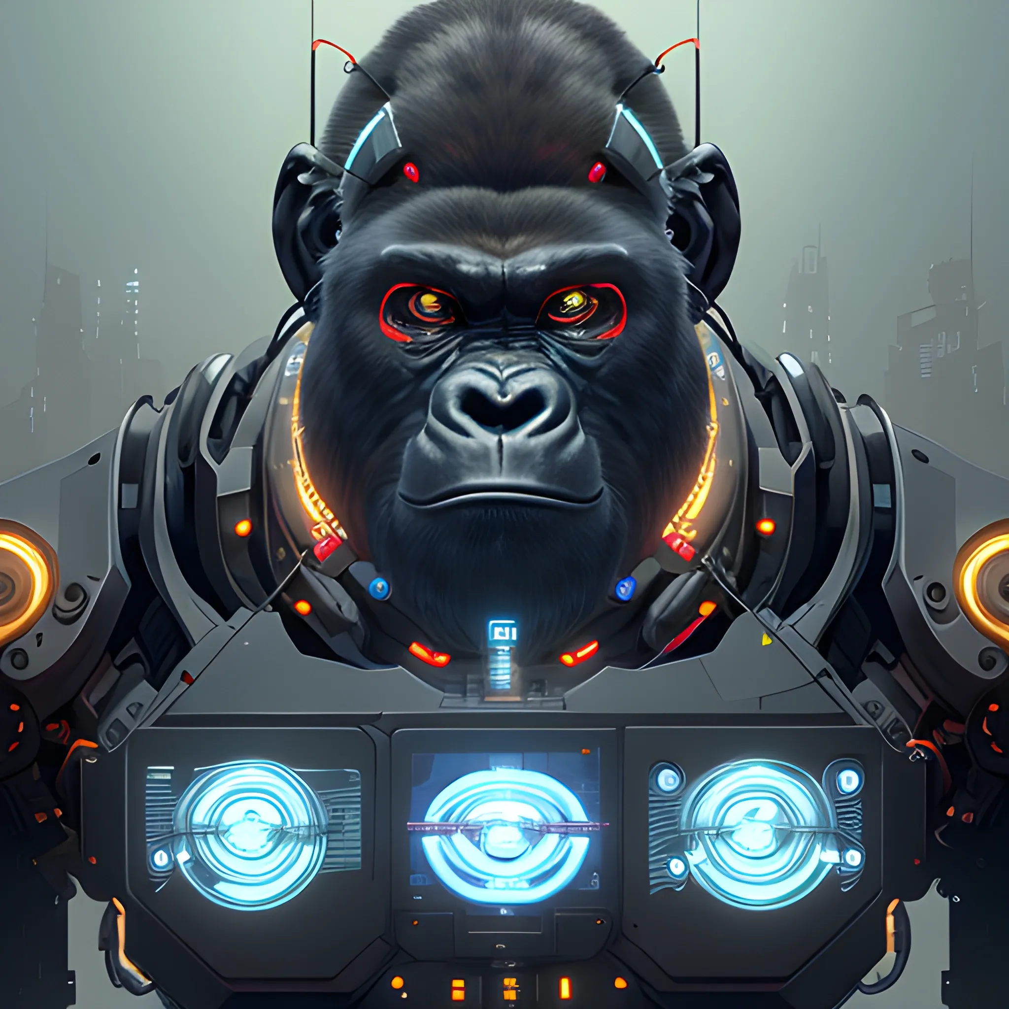 portrait of gorilla mech,wires,gadgets,cables,lenses,gears,led displays,UI intricate, elegant, highly detailed, digital painting, artstation, concept art, smooth, sharp focus, illustration, art by artgerm and greg rutkowski and alphonse mucha