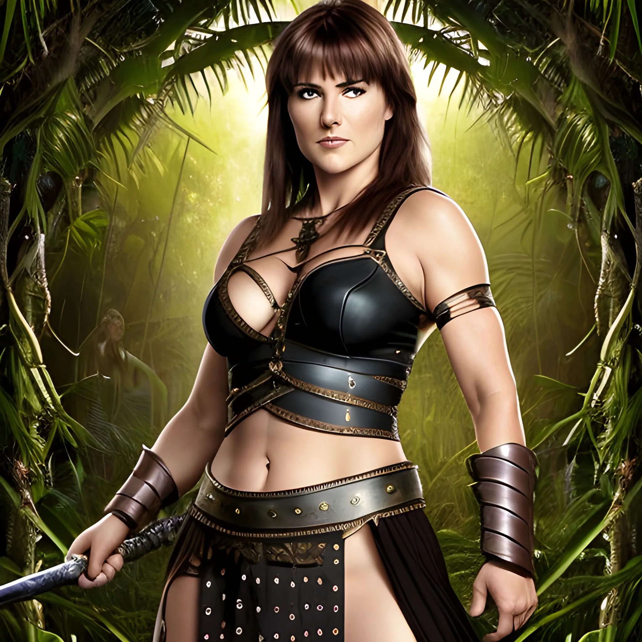 Lucy Lawless, (Xena: Warrior Princess) in a full height photo, complemented by a haughty subtle smile, captured with high detail,  attractive, very long black thick hair, black color palette, full body, full body view, full body image, backdrop of ancient, jungle with vines,  enchanted dynamic atmosphere at midnight.
