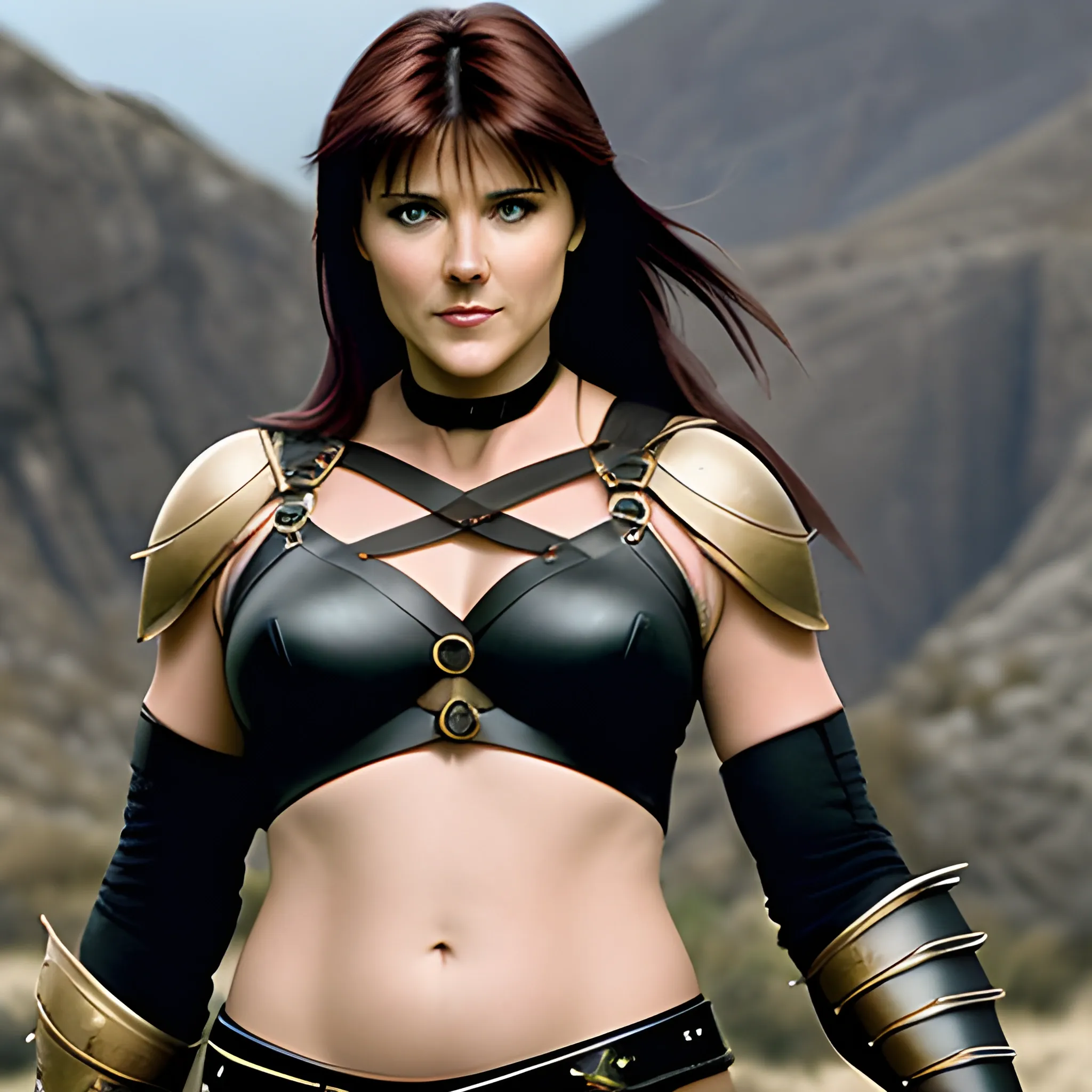 Lucy Lawless, (Xena: Warrior Princess) in a full height photo, complemented by a subtle smile, captured with high detail,  attractive, very long, straight, pitch black and thick hair. black color palette, full body, full body view, full body image, backdrop of black rock wall, enchanted dynamic atmosphere at midnight.