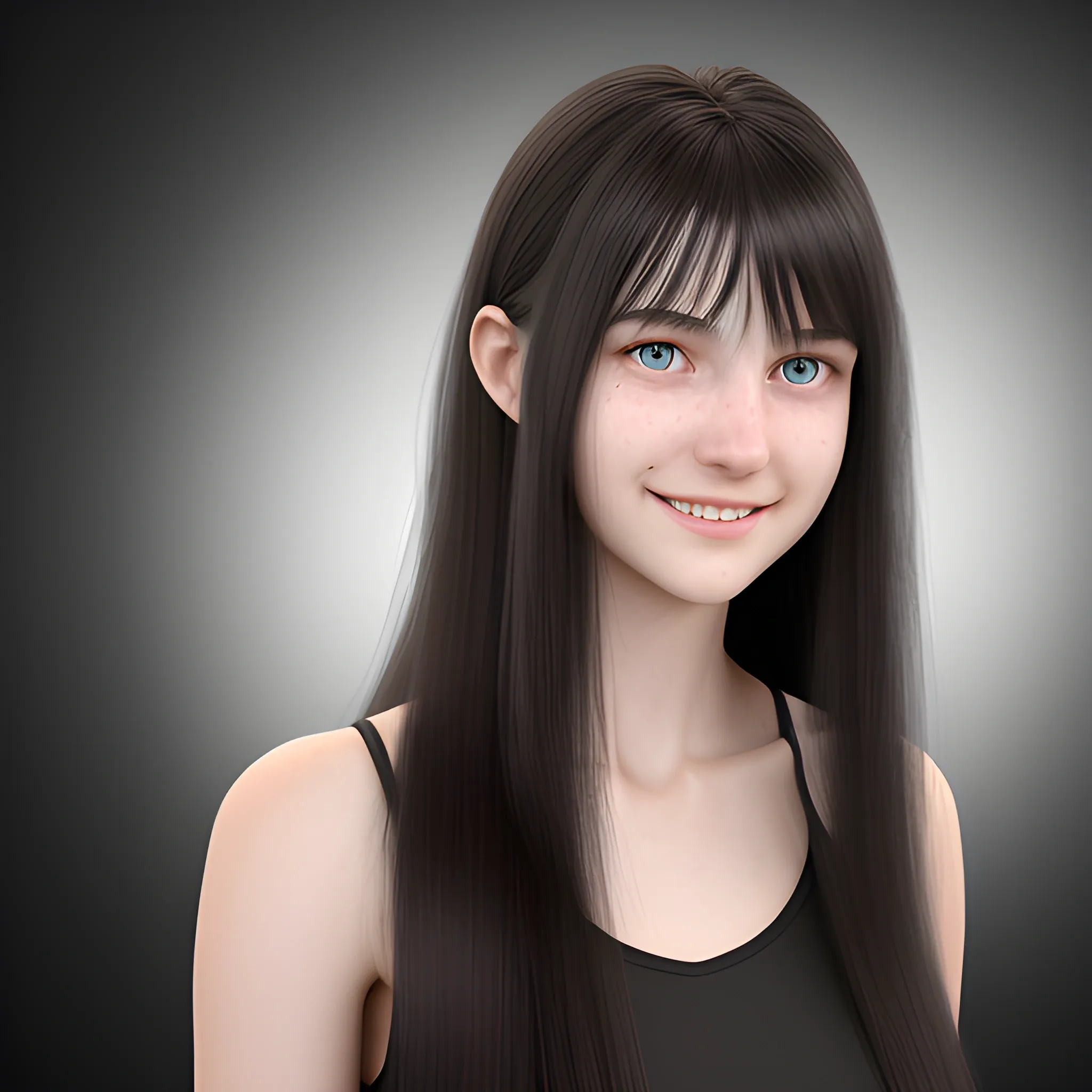  Photorealistic image of an 22 years old female in a full height photo, complemented by a subtle smile, captured with high detail. She has very long, straight, pitch black and thick hair. Backdrop of black studio background.