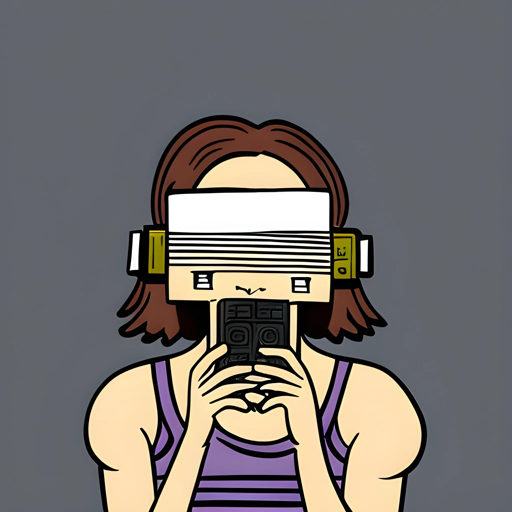 a close-up of a woman holding a cassette in her hands in front of her face, 

  , Cartoon