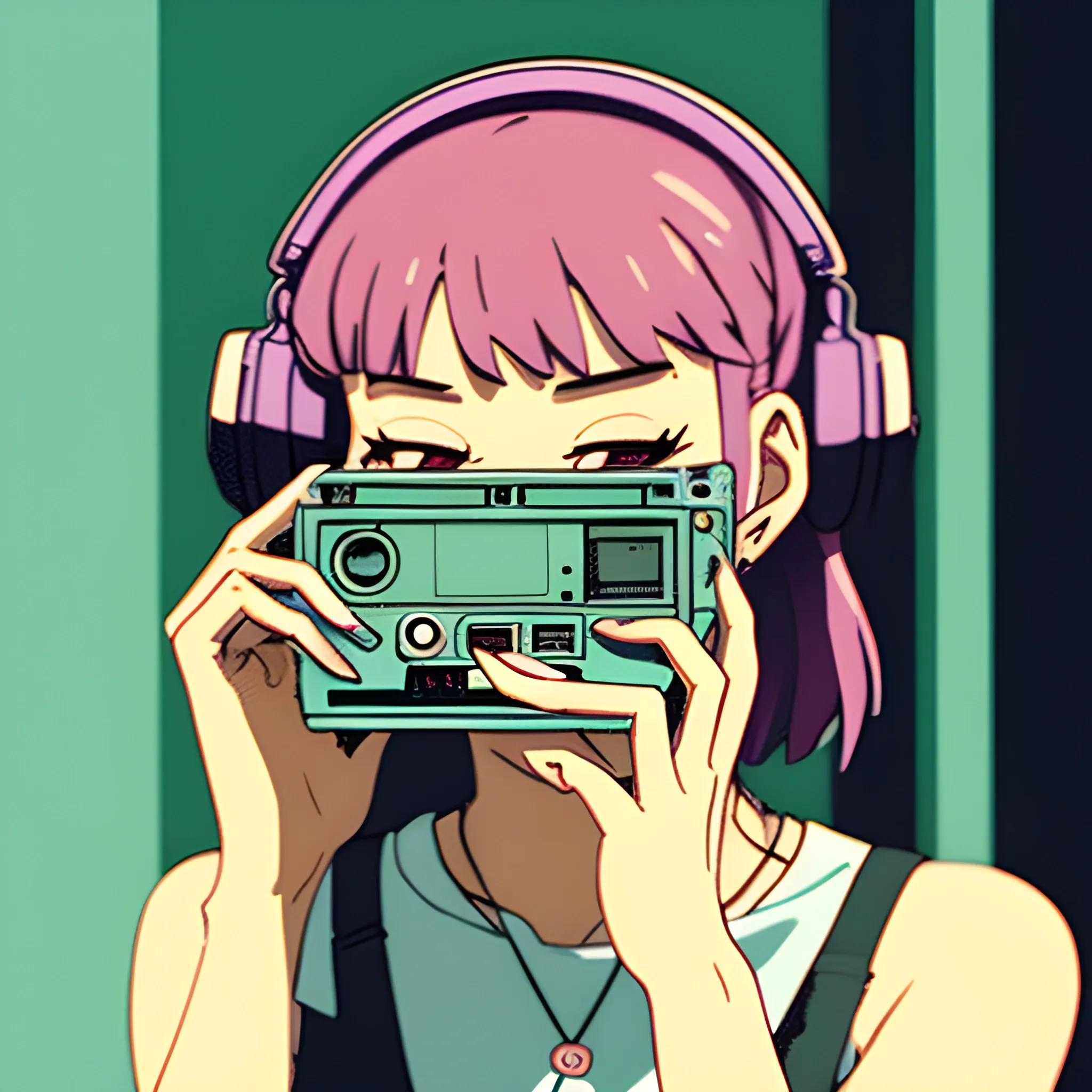 a close-up of a woman holding a cassette in her hands in front of her face, in the anime style, lofi hip hop, quiet, chillhop, lofi vibe, lofi, lofi art, lofi feel, lo-fi, lo - fi, lofi aesthetic, lo-fi art, lofi girl aesthetic, lofi vibes, quiet street, lofi artstyle, lofi girl, she is quiet, wlop : :, silent, lo fi

