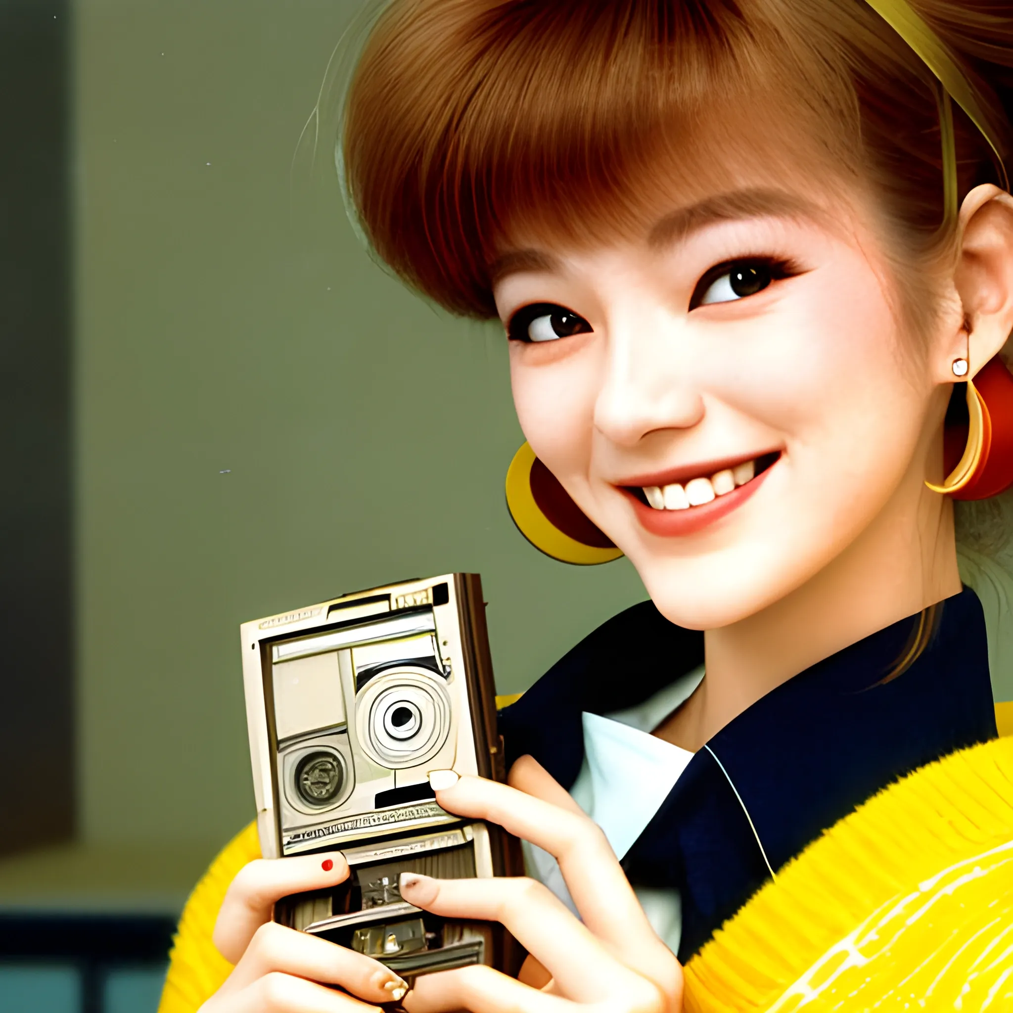 a closeup of a woman smiling, slanted eyes, brown hair holding a cassette in her hands in front of her face a 1980s outfit inspired by japanese pop culture yellow
