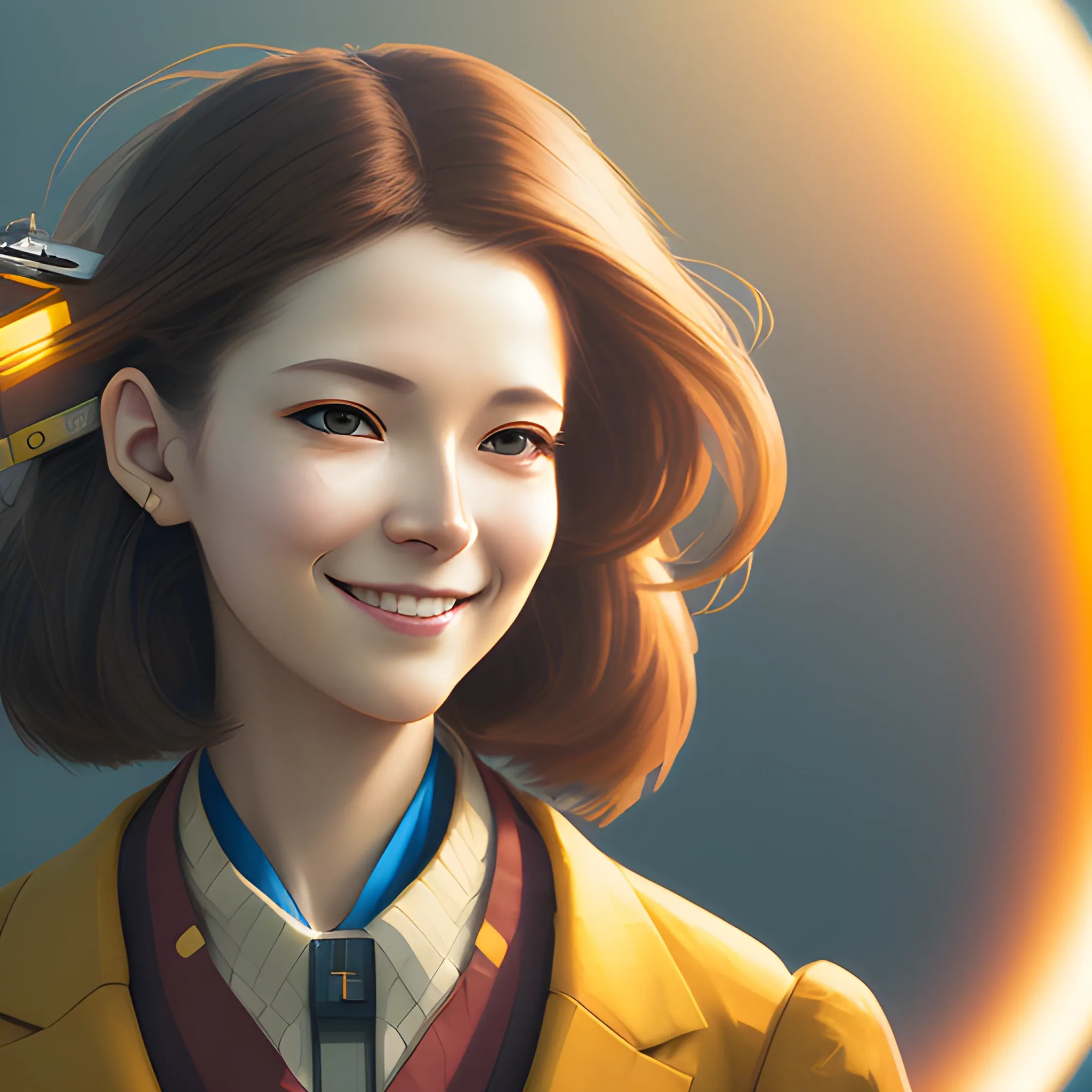 a closeup of a smiling woman, slanted eyes, brown hair holding a cassette in her hands in front of her face an 80s outfit inspired by japanese pop culture yellow
sunset, dramatic lighting by alan lee by peter mohrbacher, trend in sharp focus vfx key shot by artstation