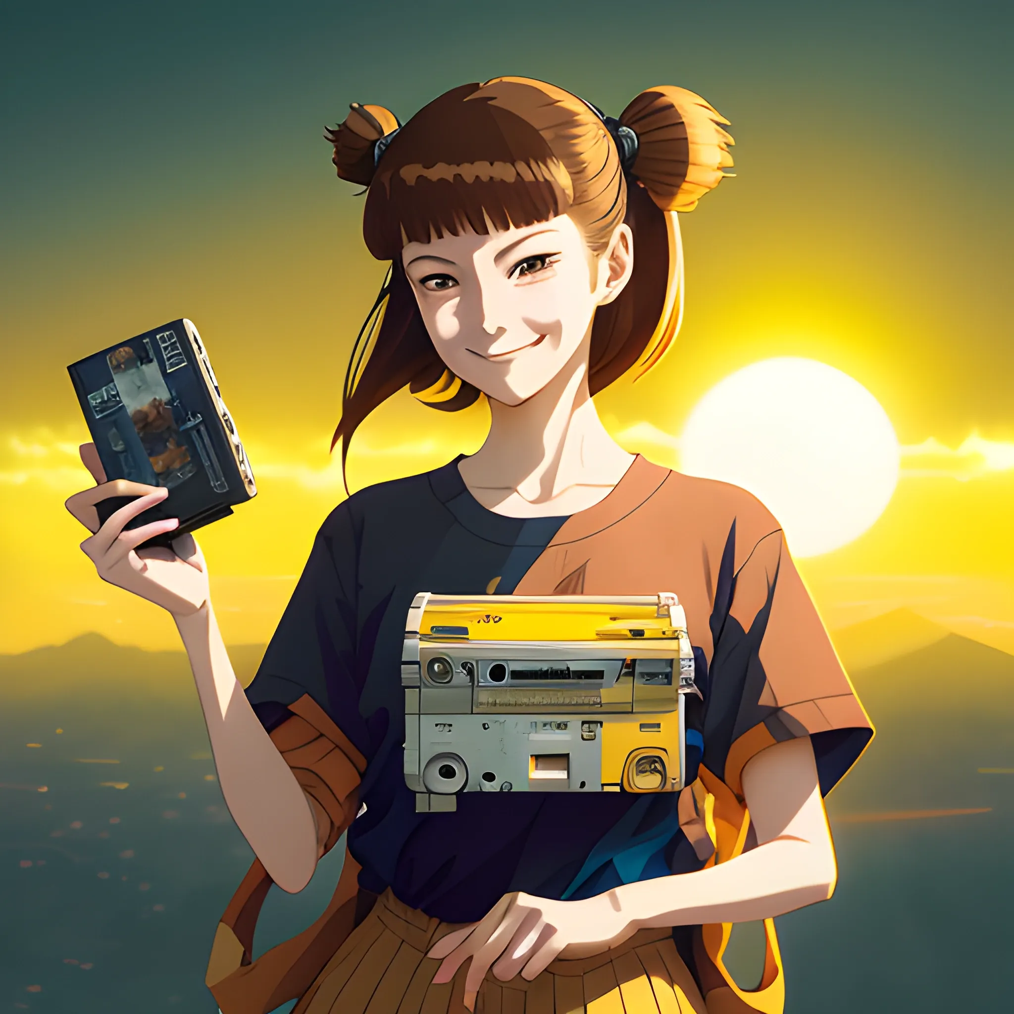 anime style a closeup of a smiling woman, slanted eyes, brown hair holding a cassette in her hands in front of her face an 80s outfit inspired by japanese pop culture yellow
sunset, dramatic lighting by alan lee by peter mohrbacher, trend in sharp focus vfx key shot by artstation