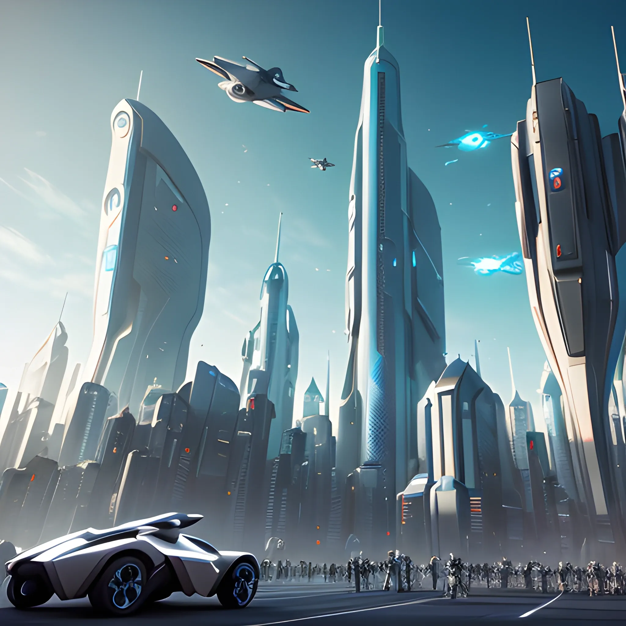 A futuristic cityscape in the year 3,000, with a diverse crowd of people and robots walking in front of a camera, to see their bodies and faces. The people are dressed in stylish high-tech attire, while the robots are of advanced humanoid design. The background shows imposing ultra-modern buildings with elegant curved designs and vibrant color schemes. Flying cars streak across the sky, adding dynamism to the scene. 3d render, cinematic., 3D