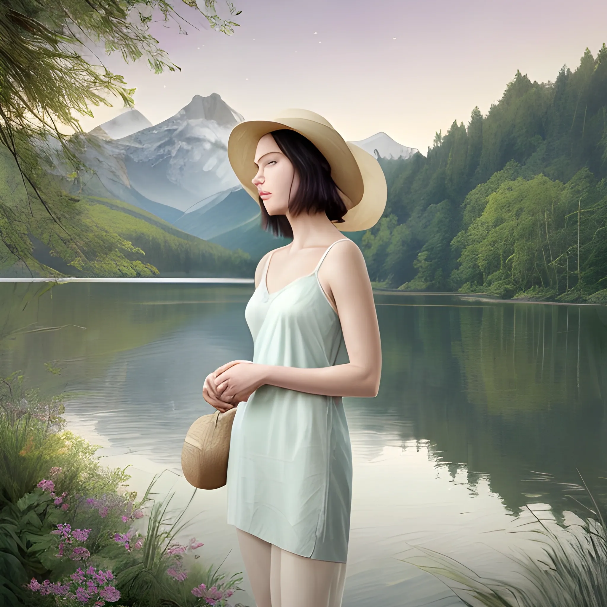 A woman relaxing in nature. A sophisticated digital illustration. The fusion of realistic depiction and abstract background gives it a texture that is almost like a photograph, but with a delicate watercolor-like expression. It is graceful, yet has a dynamic brushstroke. The pose of a woman standing facing forward is the center of the composition. The upper body and facial expression are the main focus, and the surrounding nature gently embraces the woman. The woman's figure is captured from a slightly bird's-eye angle, allowing you to see the whole picture from a bird's-eye view. It depicts a quiet and tranquil place surrounded by a lake and lush forest. The beauty of the nature surrounding the woman is fully expressed, such as the shadows of the trees reflected on the water and the mountain range in the distance. A soft, blurred light gently illuminates the woman's face and surroundings. The gradations of shadows are carefully drawn, creating a light atmosphere. The natural colors, based on a pale blue-green color, are gently expressed. The balance of the color tone of the woman's skin tone, clothing, and hat is exquisite, creating a harmonious overall image. The quiet joy, satisfaction, and peace of mind that can be obtained while surrounded by nature are expressed. The woman's calm expression gives the impression of a moment of calm in the leisurely flow of time. She is wearing a simple white camisole and wide-brimmed hat, and her dark hair flows loosely. Her relaxed appearance and elegant standing posture are impressive.