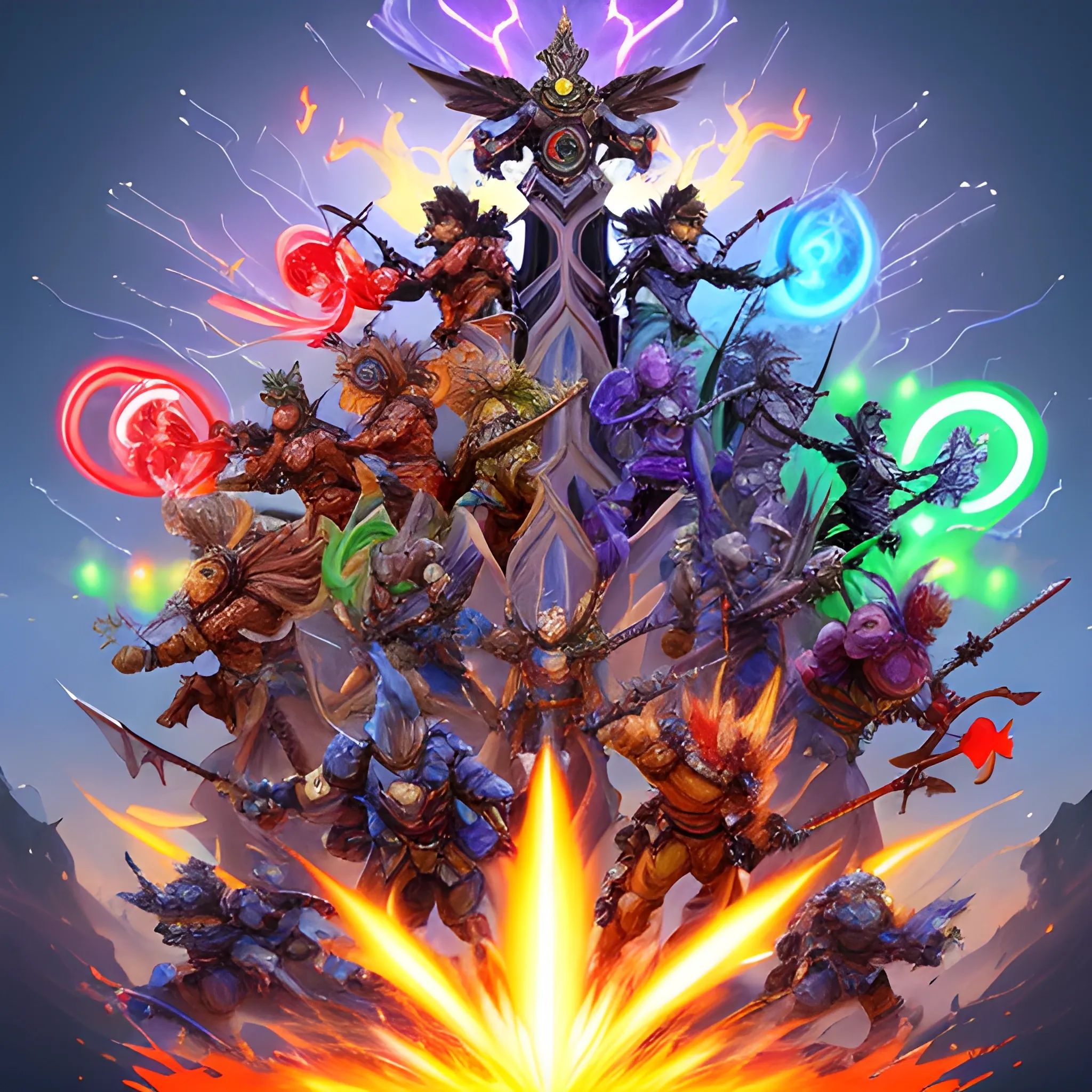 Brave warriors with diverse, colorful weapons and armor, standing heroically and determined in an anime style.Fire, ice, lightning, and other mystical elements.Cartoonish monsters such as dragons, golems, and other mythical creatures with a cute yet menacing look, surrounding the warriors.Colorful, vibrant, and cartoonish, capturing the fantasy theme of a tower defense game.Full of action and excitement, with sparks flying and magical effects lighting up the scene.