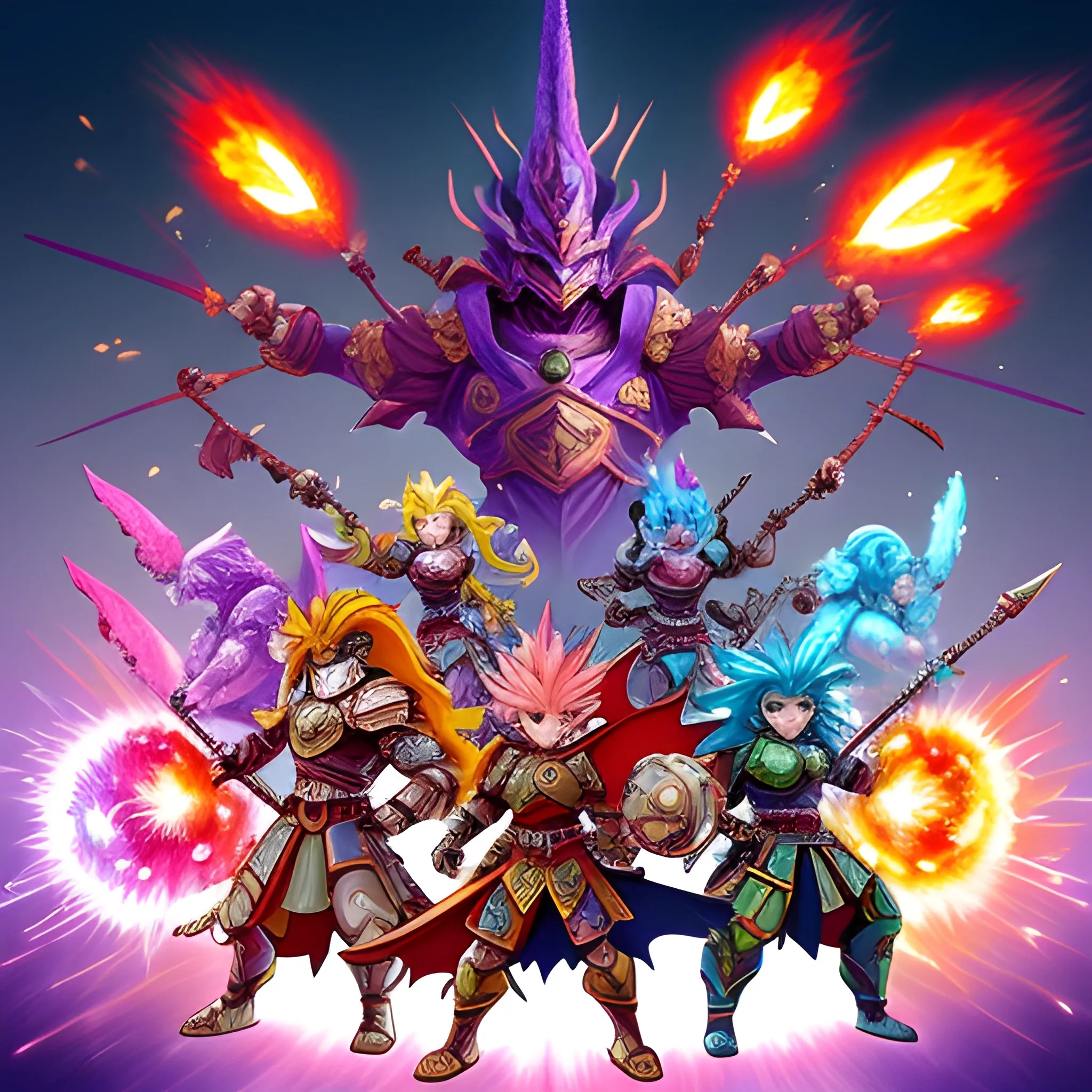 Brave warriors with diverse, colorful weapons and armor, standing heroically and determined in an anime style.Fire, ice, lightning, and other mystical elements.Cartoonish monsters such as dragons, golems, and other mythical creatures with a cute yet menacing look, surrounding the warriors.Colorful, vibrant, and cartoonish, capturing the fantasy theme of a tower defense game.Full of action and excitement, with sparks flying and magical effects lighting up the scene., Cartoon