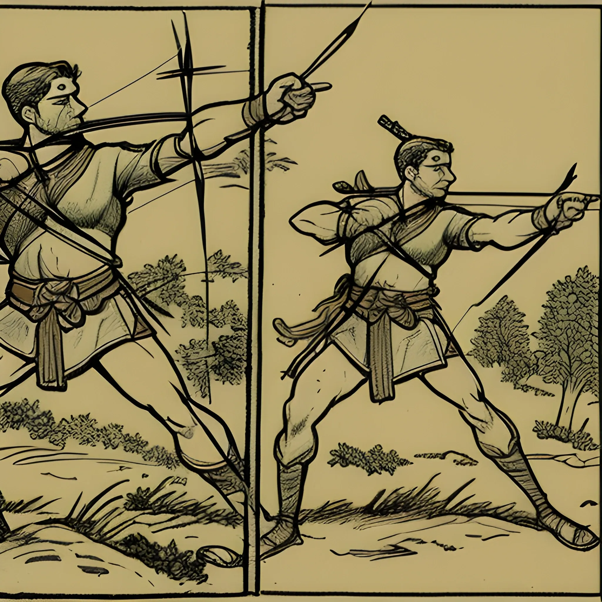 An archer in the foreground drawing a bow and aiming an arrow, with two or three warriors in the mid-frame raising their weapons ready to attack, all set against a dimly lit forest background, Cartoon