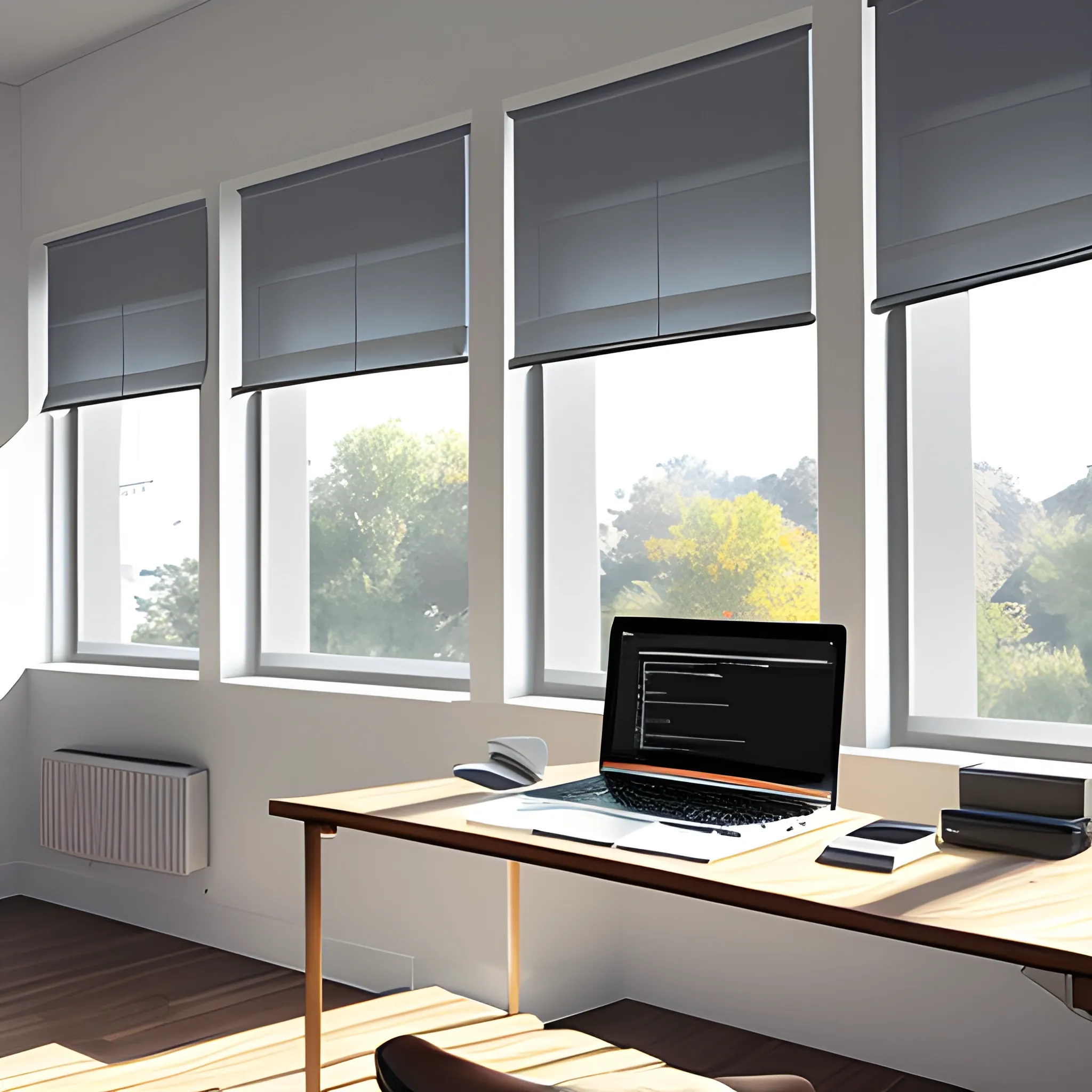 Sunlight streams through a panoramic window, illuminating a minimalist workspace with a sleek laptop displaying a project management dashboard, Pencil Sketch