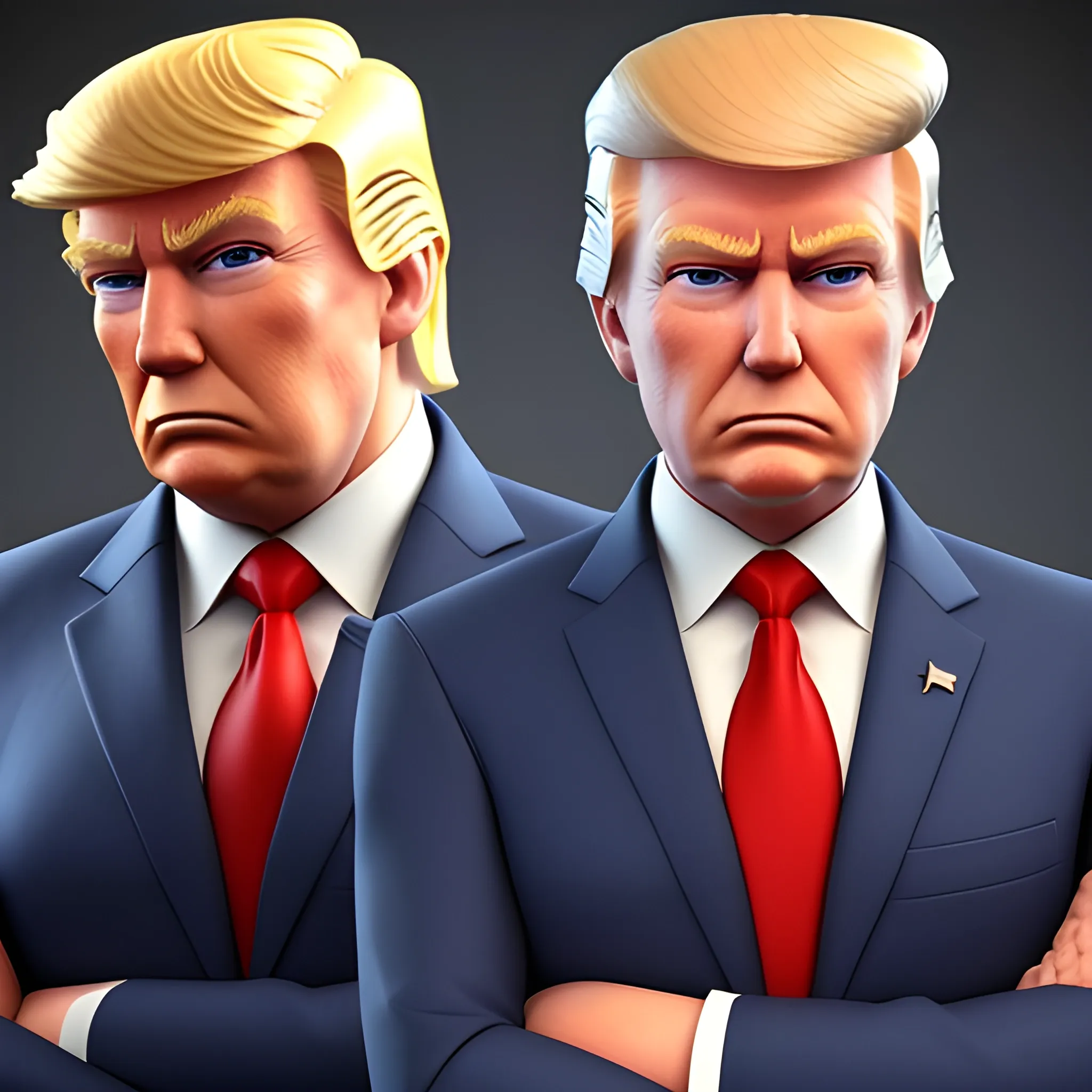 3D render of Donald Trump with his arms crossed looking straight into the camera. He looks plastic. his face is clear and he is in the artstyle of fortnite. he has a navy blue suit on with a red tie. He looks kind of goofy looking. half body shot. 3D , 3D, Cartoon