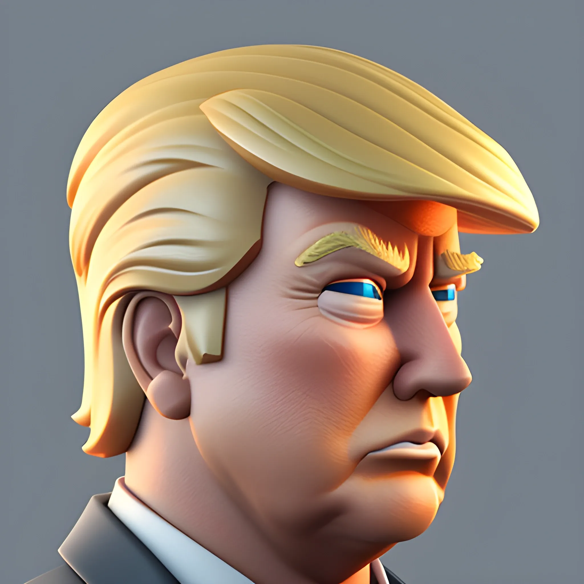 3D render of Donald Trump side view  He looks plastic. his face is clear and he is in the artstyle of fortnite 3D , 3D, Cartoon