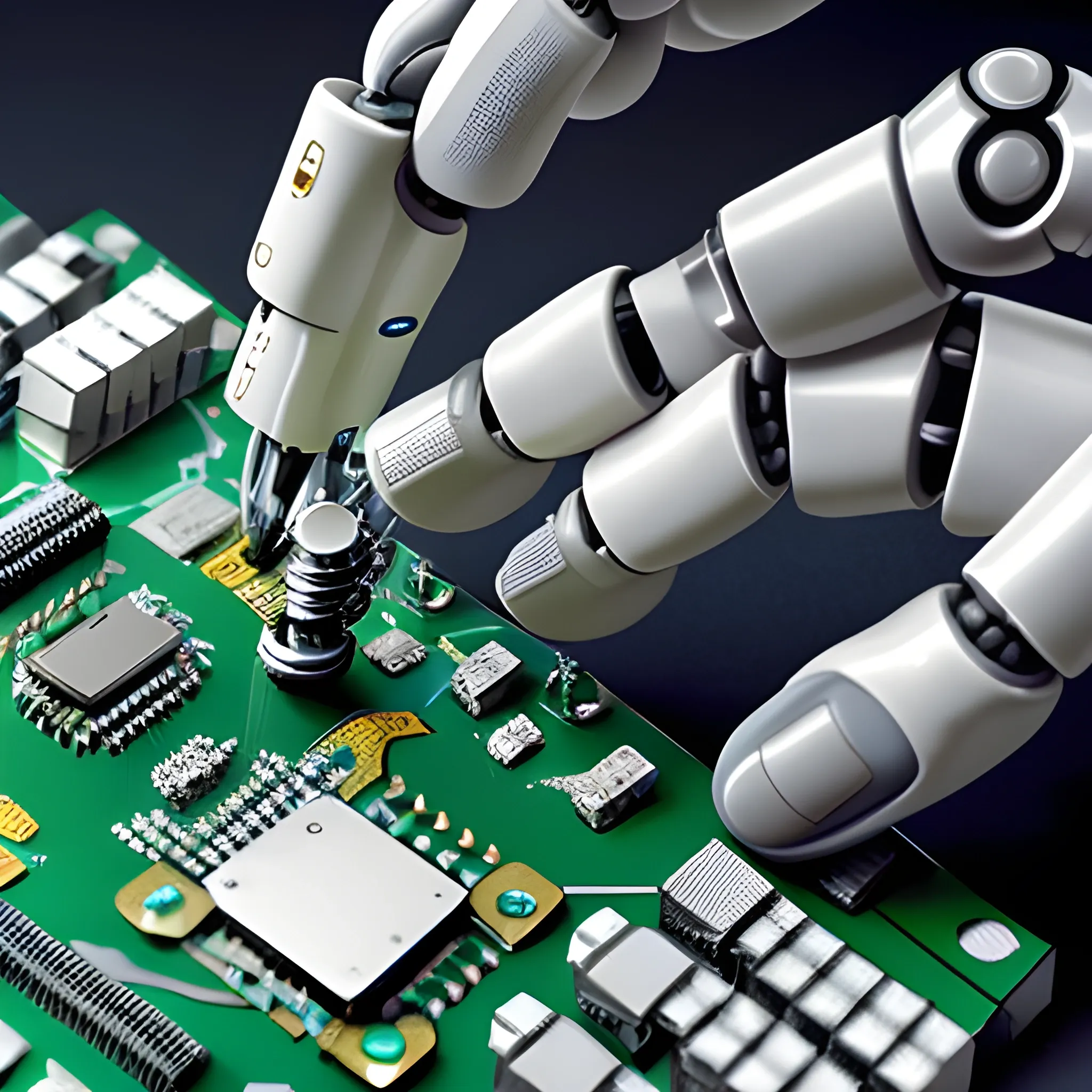 A close-up shot of a robotic arm delicately assembling a complex circuit board with high precision.
, 3D